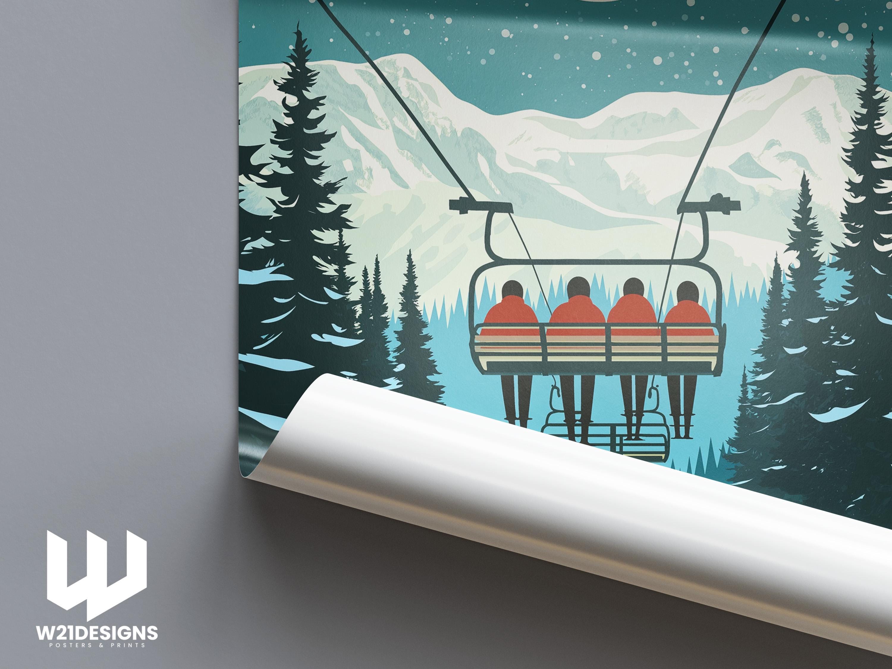 Vintage Ski Chairlift Poster: Snowy Mountain Cabin Wall Art