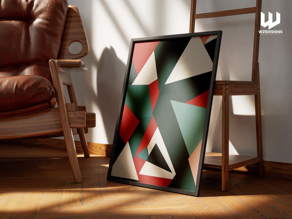 Geometric Triangle Art Print: Modern Red, Teal, Green Poster