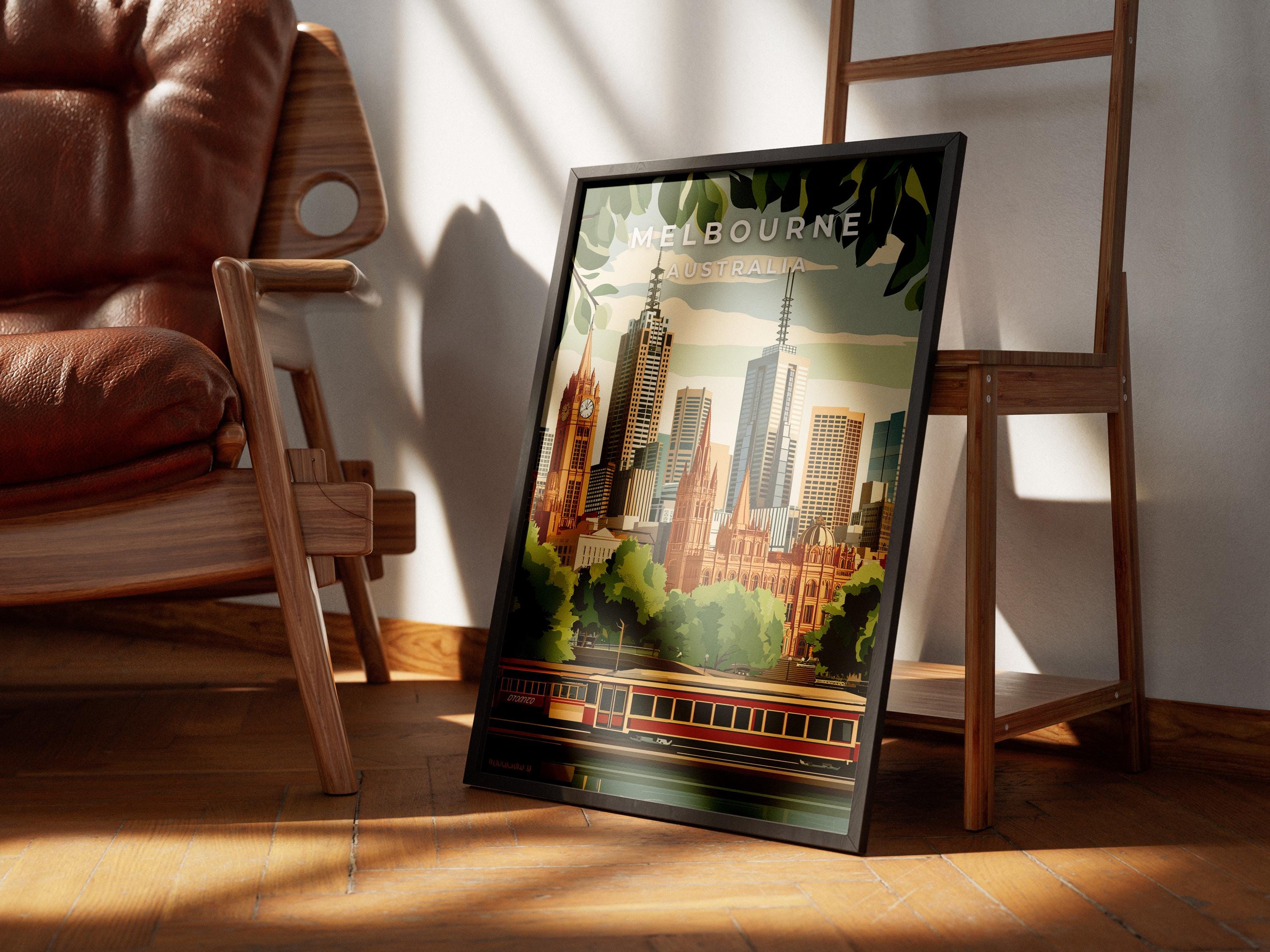 Melbourne Australia Travel Poster: City Skyline & Tram Art