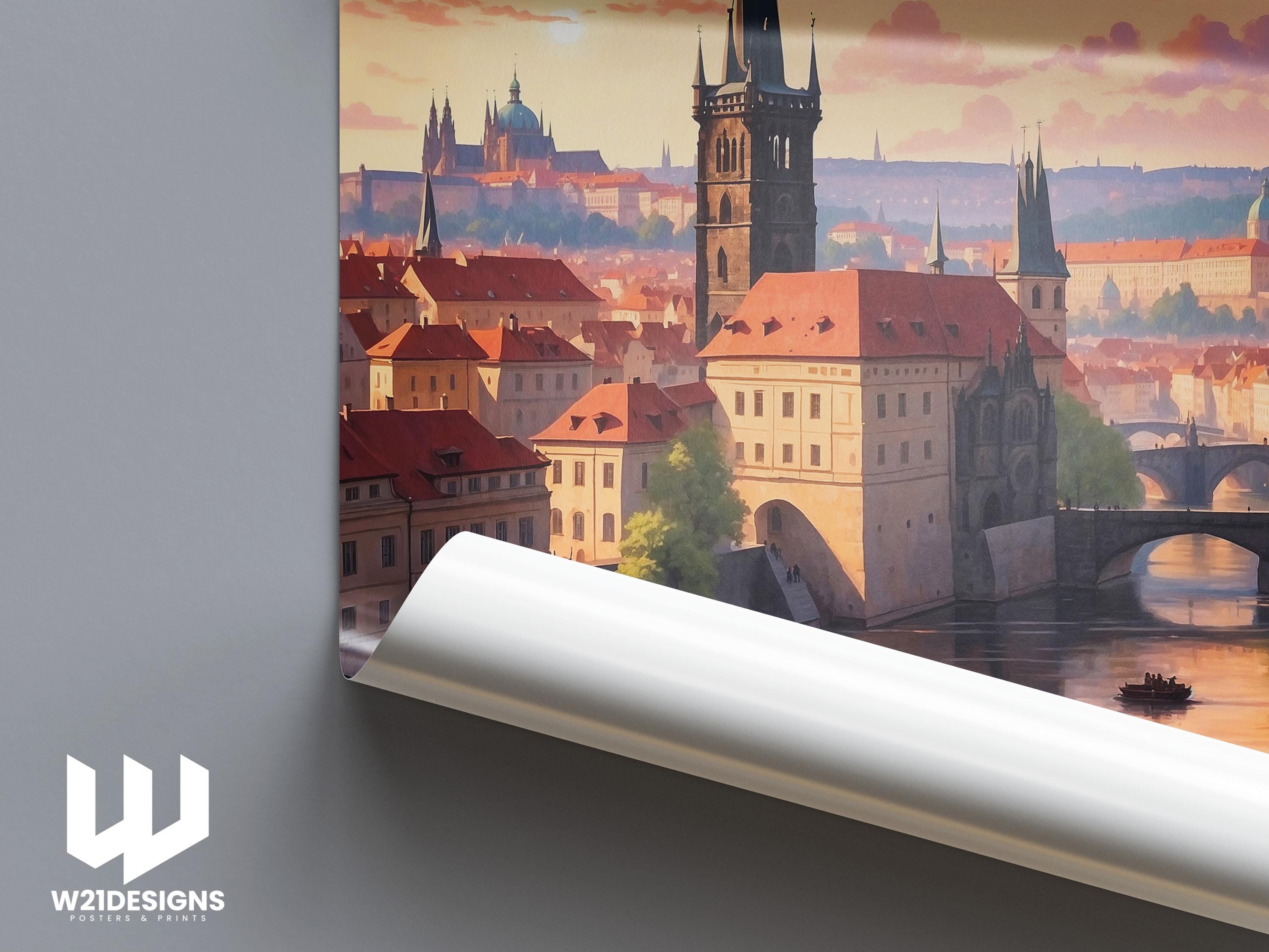 Prague Travel Poster: Vintage Charles Bridge, Czech Republic Cityscape