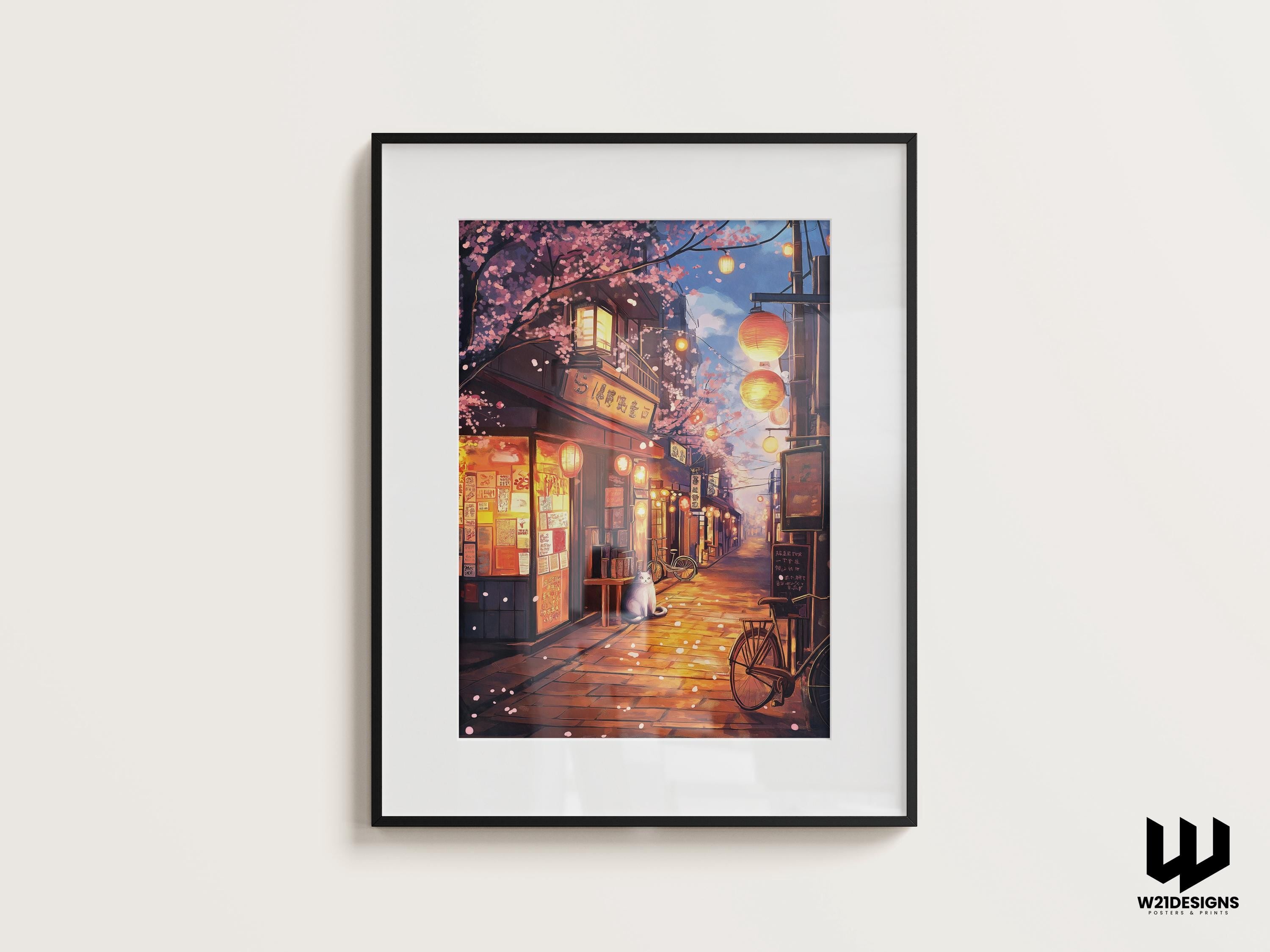 Ghibli Cat Art Print: Japanese Alley Lanterns, Anime Wall Decor