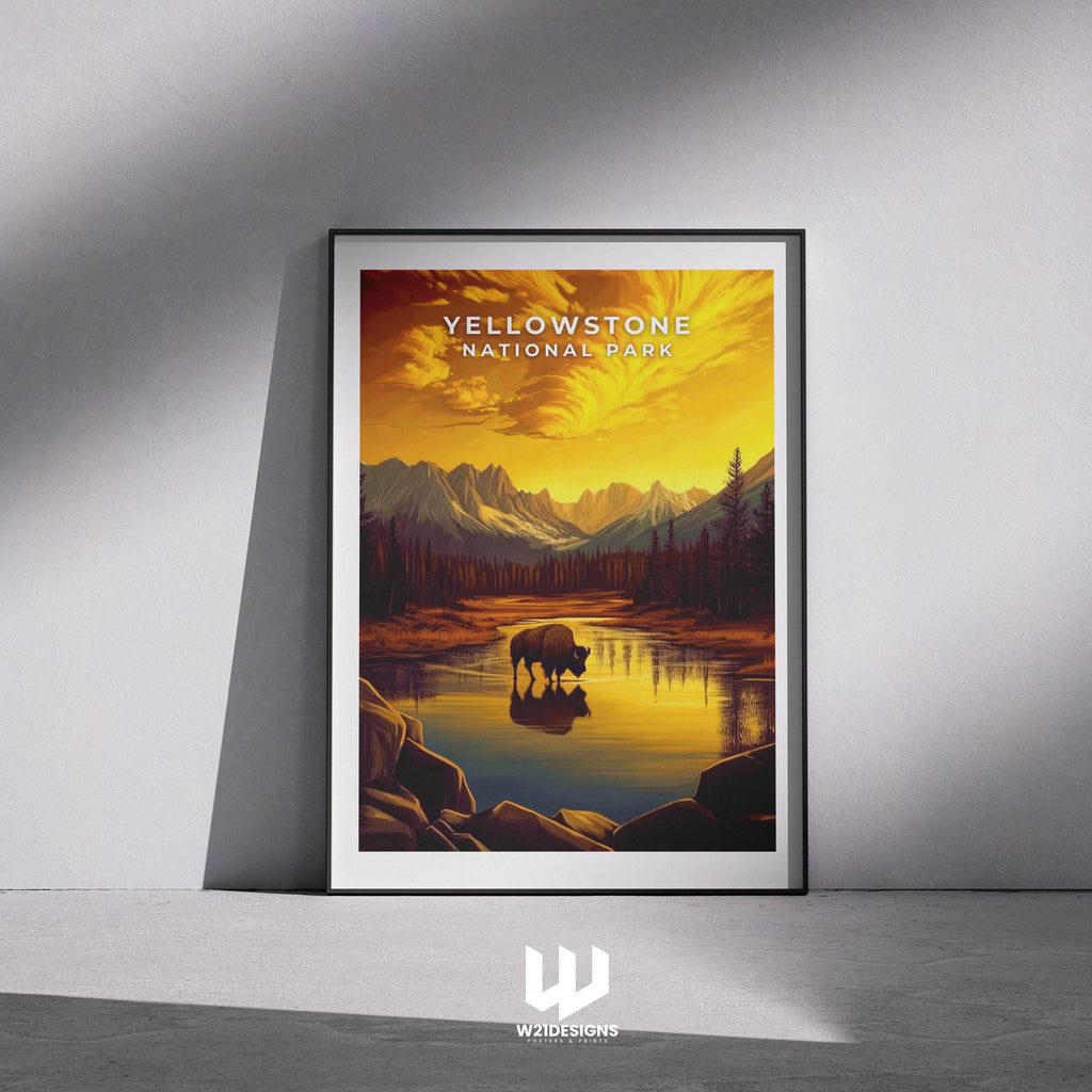 Yellowstone National Park Poster: Vintage Bison Landscape Art Print