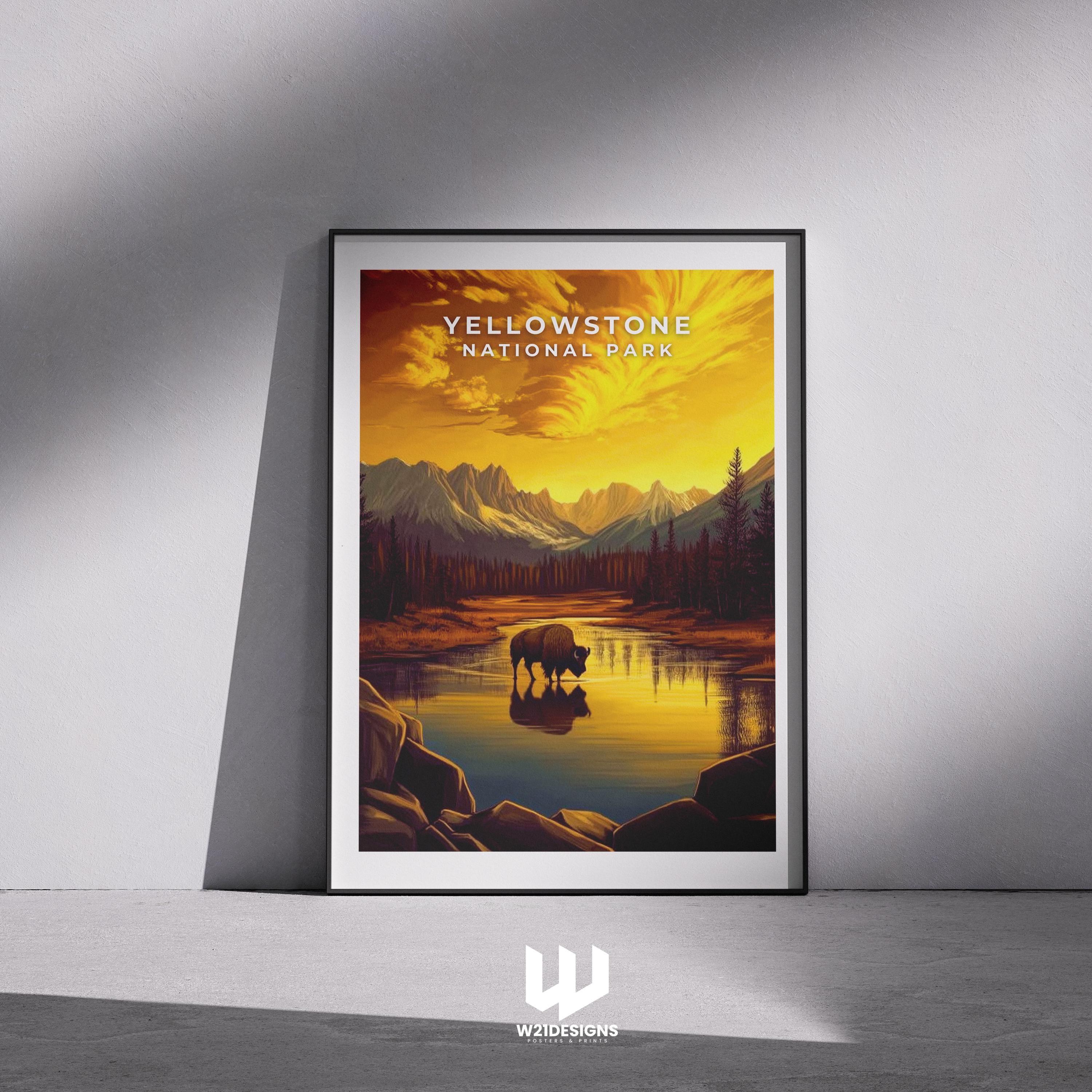 Yellowstone National Park Poster: Vintage Bison Landscape Art Print