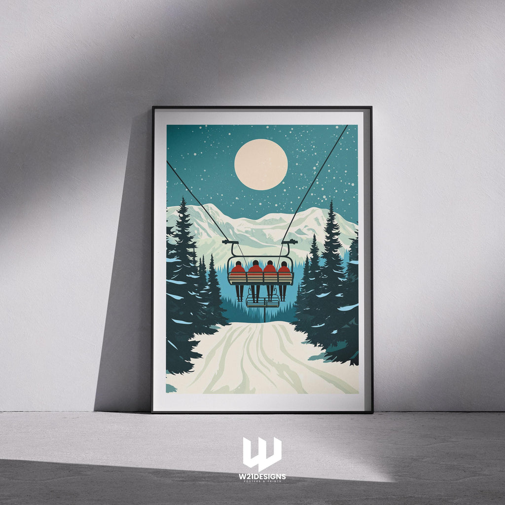Vintage Ski Chairlift Poster: Snowy Mountain Cabin Wall Art