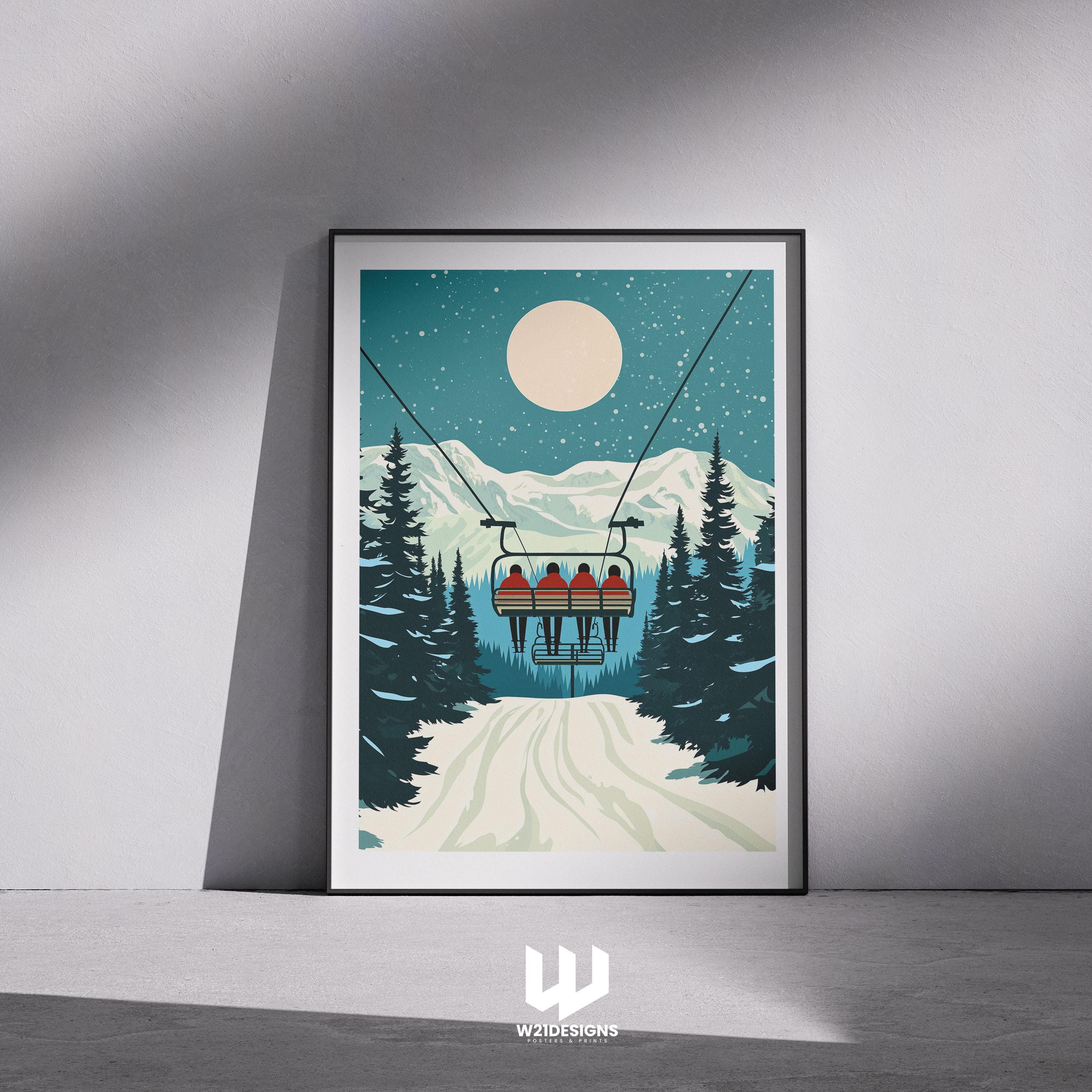 Vintage Ski Chairlift Poster: Snowy Mountain Cabin Wall Art