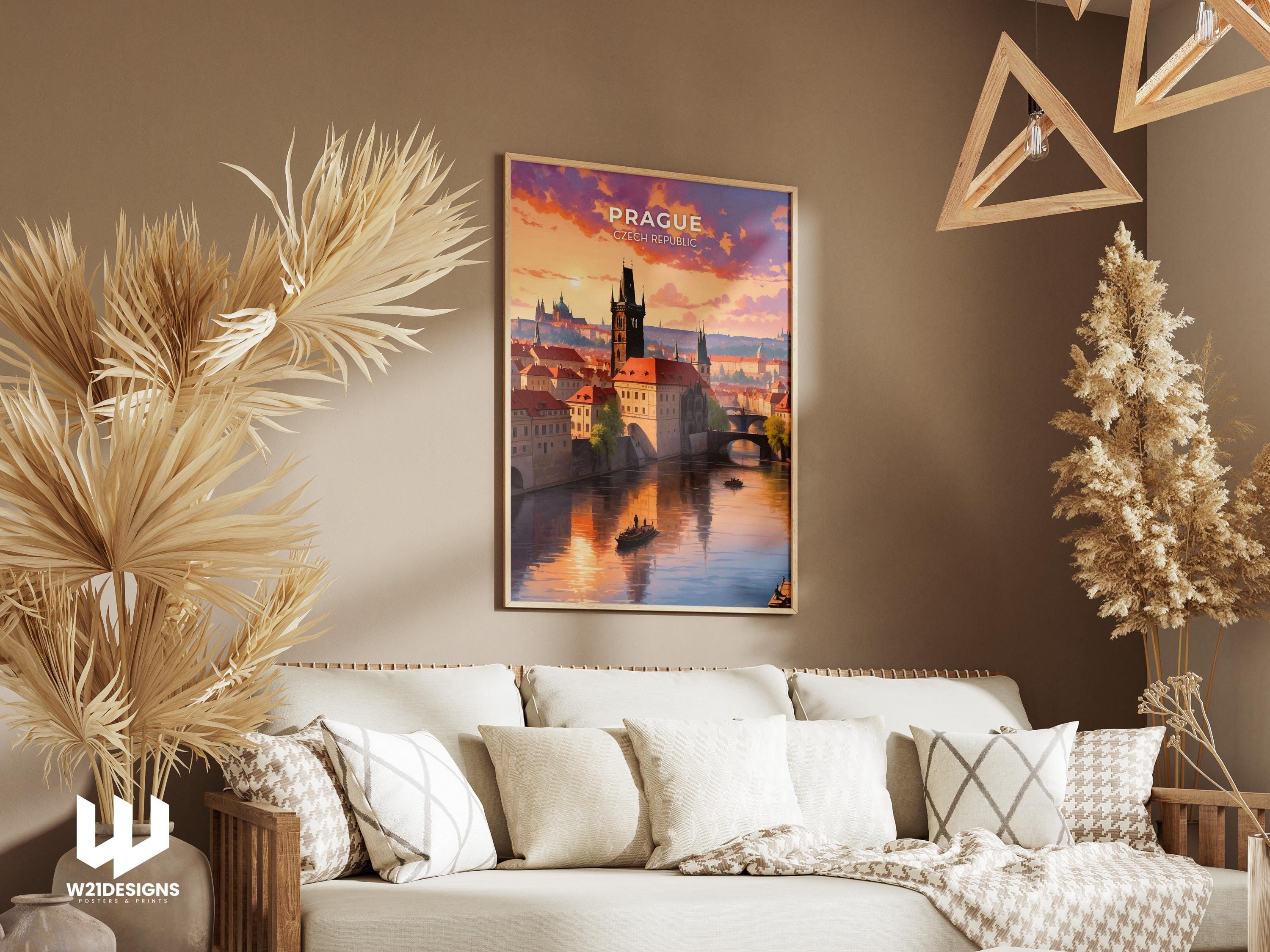 Prague Travel Poster: Vintage Charles Bridge, Czech Republic Cityscape
