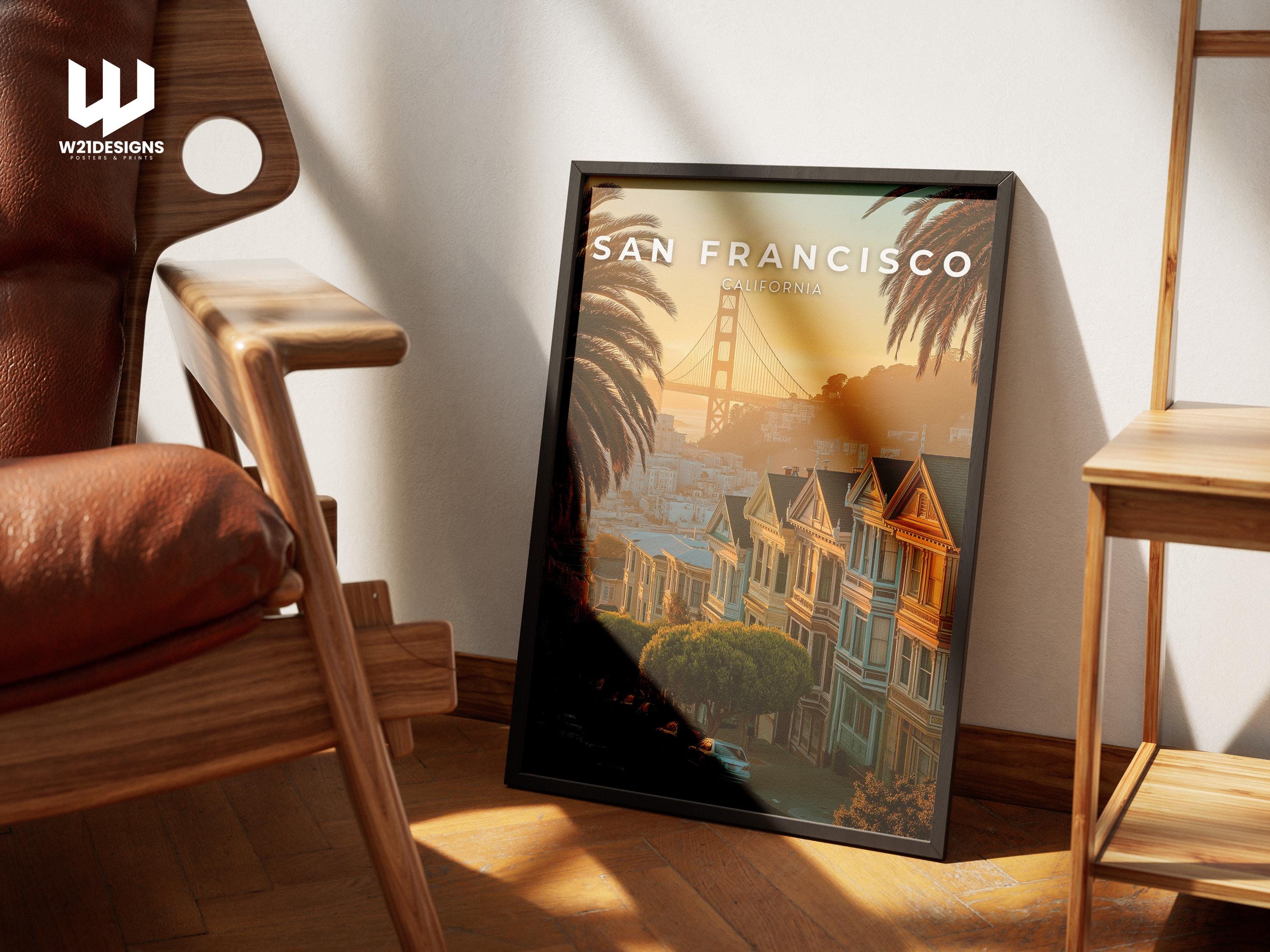 San Francisco Travel Poster: Golden Gate Bridge & Painted Ladies Art