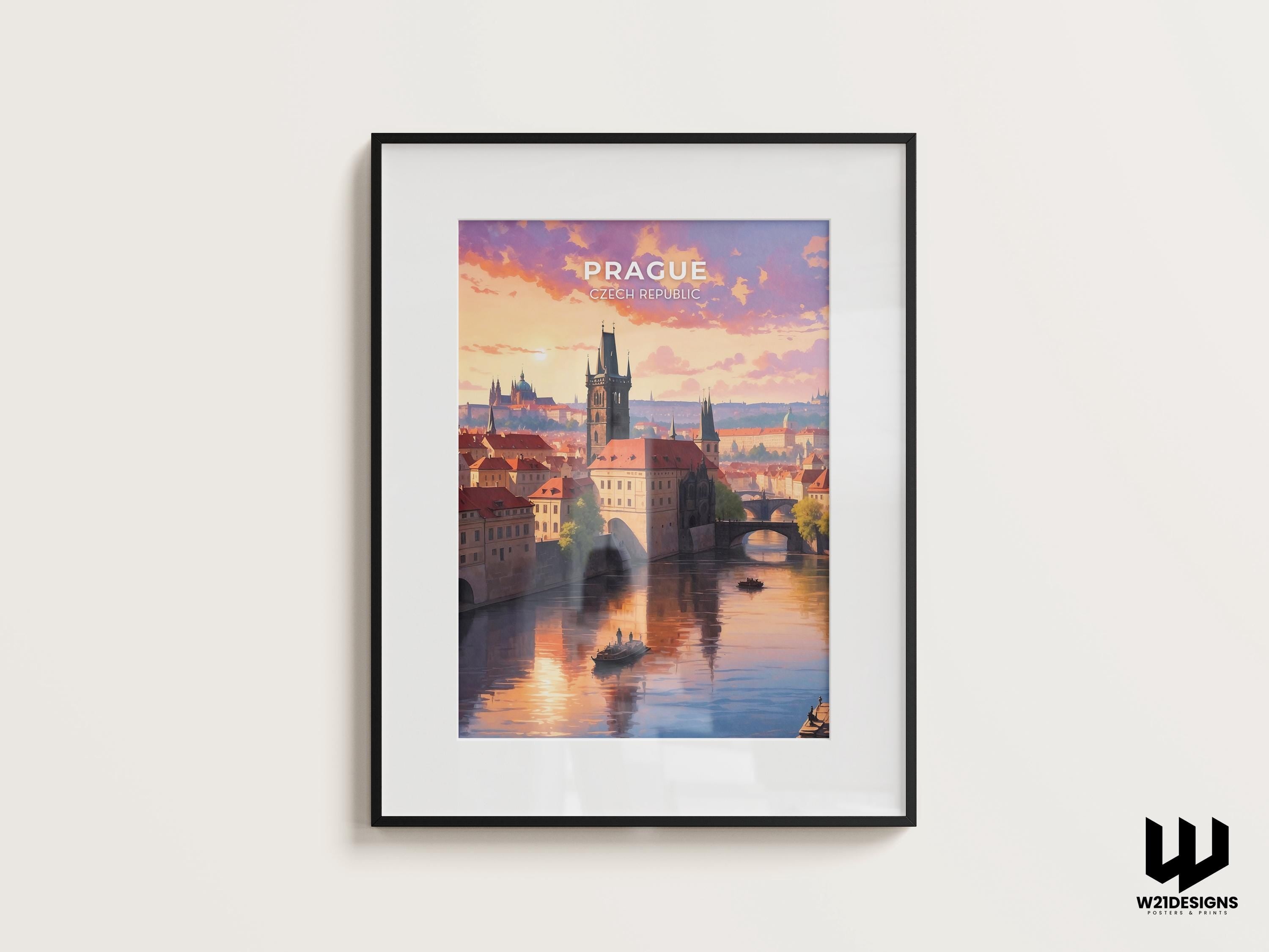 Prague Travel Poster: Vintage Charles Bridge, Czech Republic Cityscape