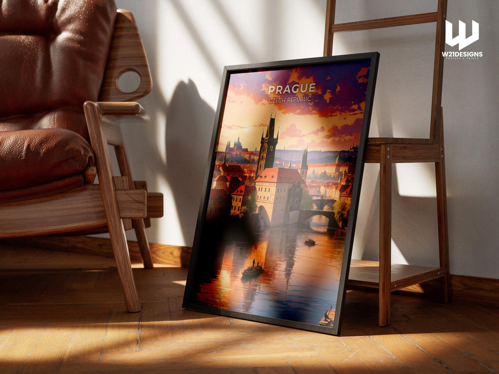 Prague Travel Poster: Vintage Charles Bridge, Czech Republic Cityscape