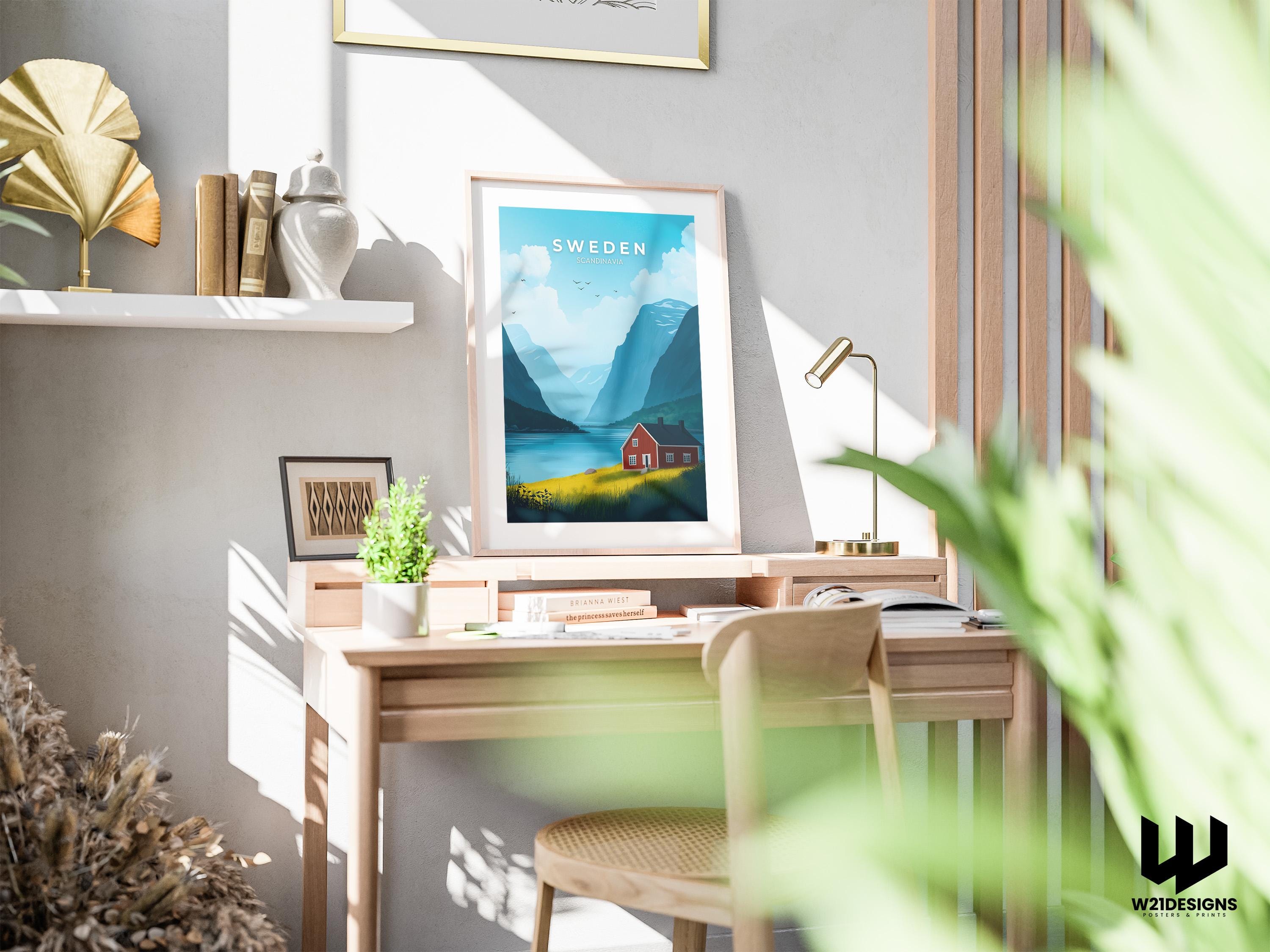 Sweden Travel Poster: Red Cabin, Nordic Mountain Landscape
