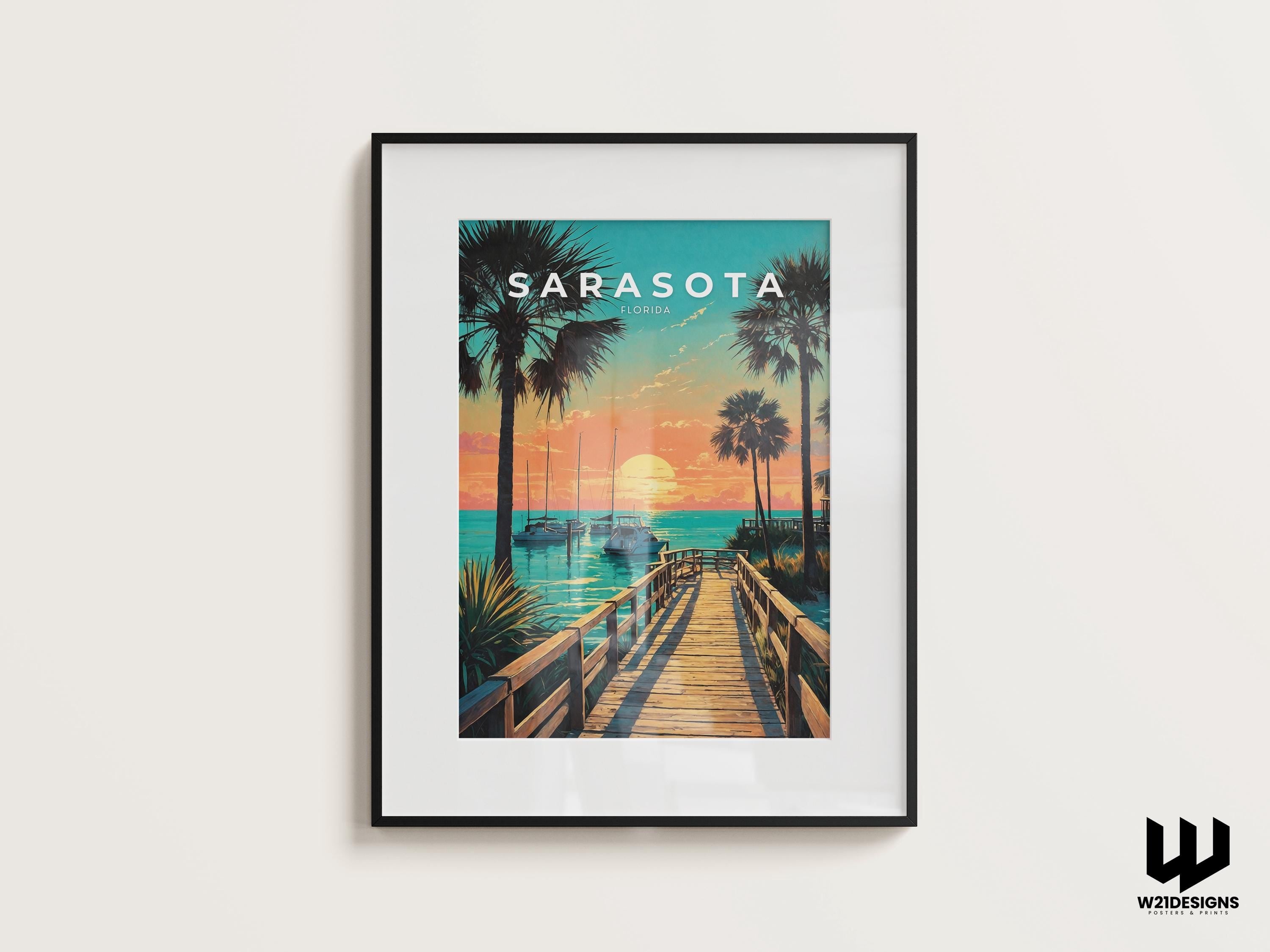 Sarasota Sunset Travel Poster: Florida Beach House Decor