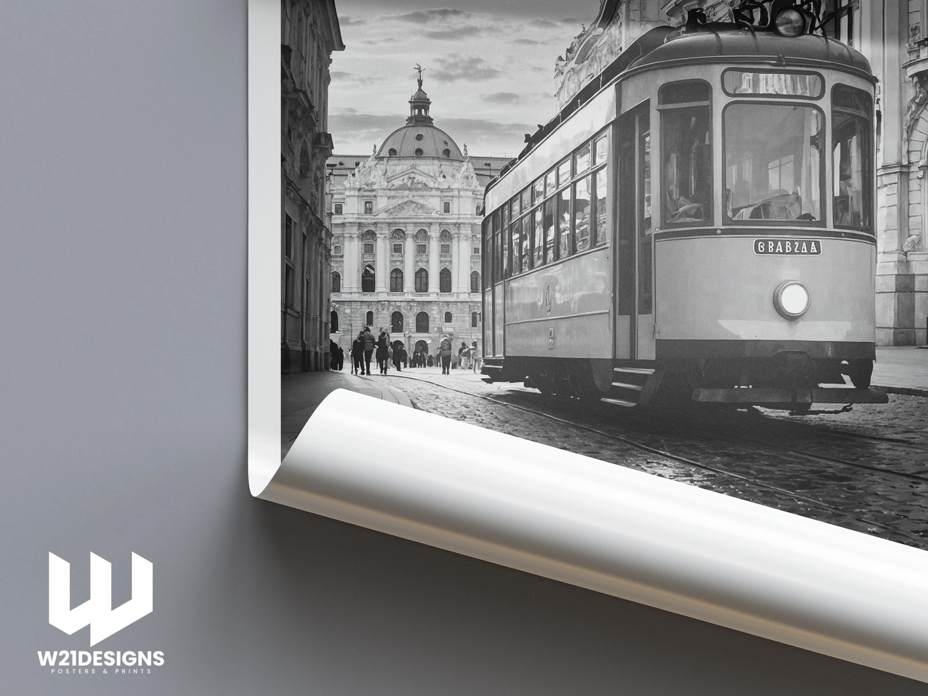 Vienna Tram Print: Vintage Black & White Austria Travel Poster