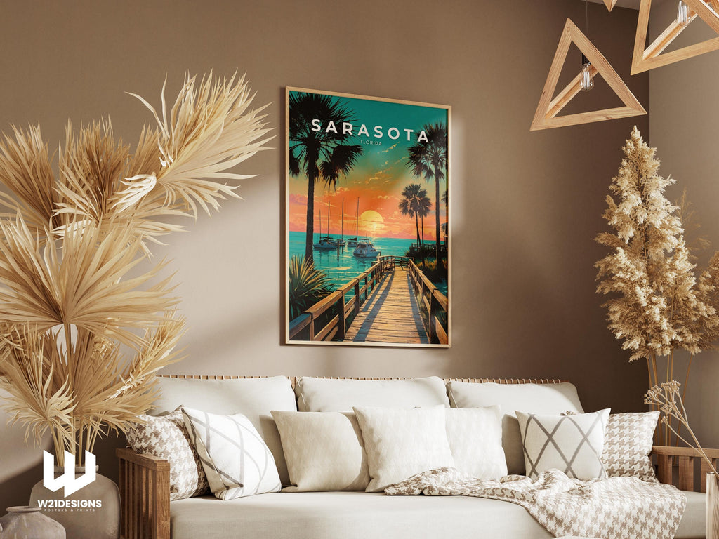 Sarasota Sunset Travel Poster: Florida Beach House Decor
