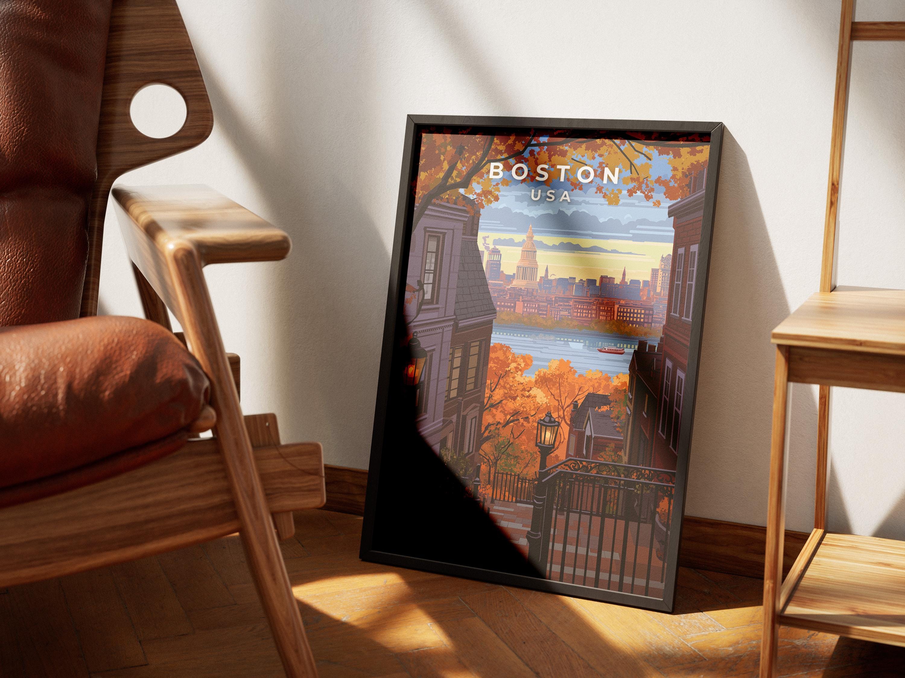 Boston Travel Poster: Vintage Beacon Hill Skyline Art Print
