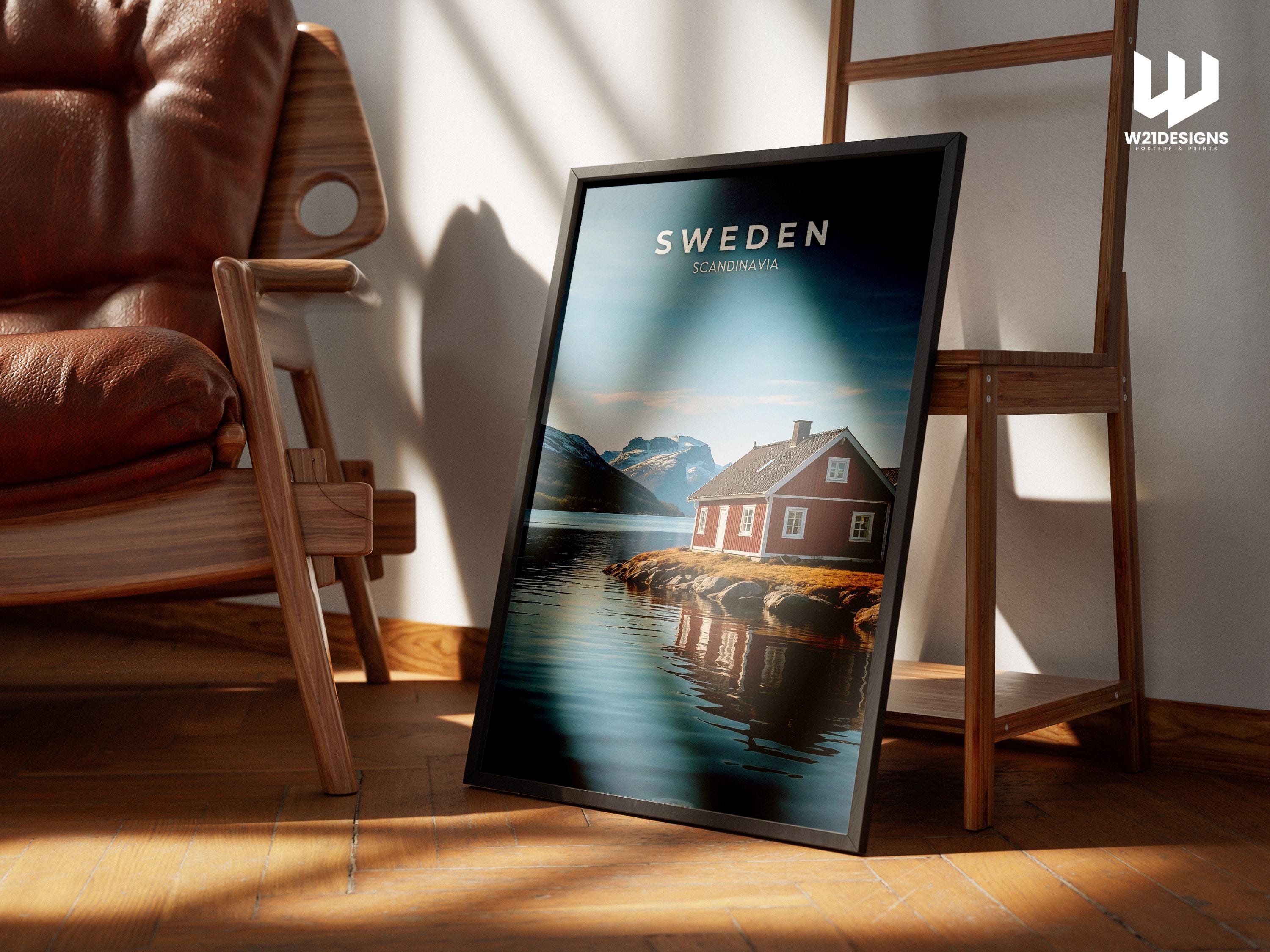 Sweden Travel Poster: Red Cabin, Scandinavian Mountains Art Print