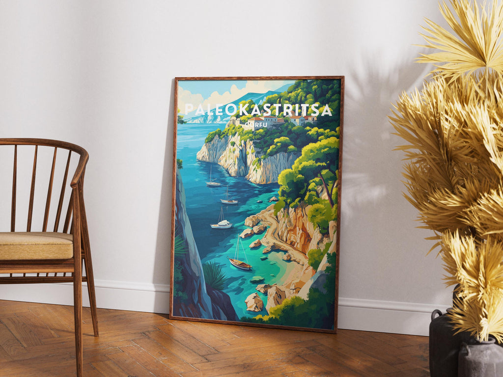 Paleokastritsa Travel Poster: Corfu Greece Coastal Cliff Art