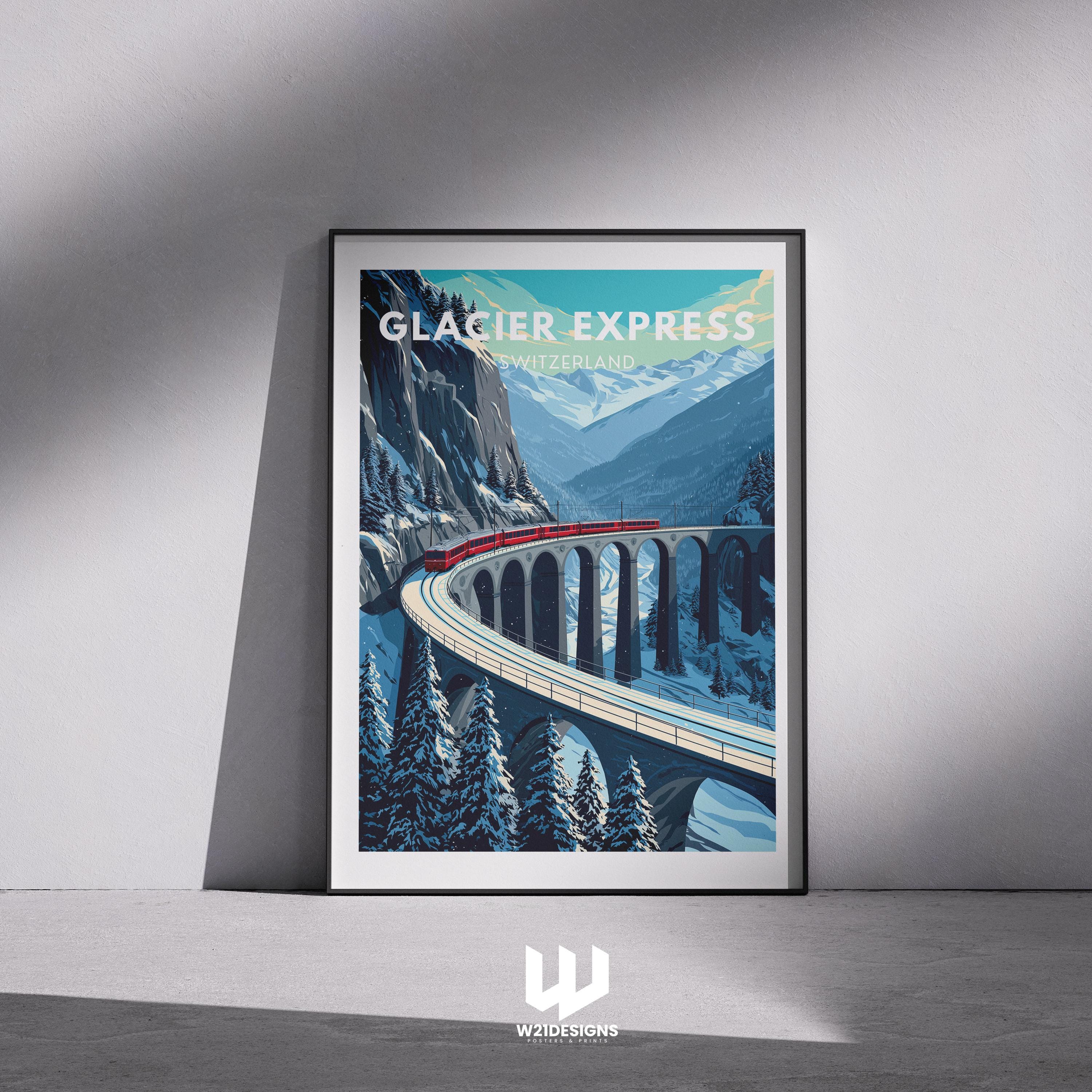 Vintage Glacier Express Poster: Swiss Alps Winter Train Travel Art