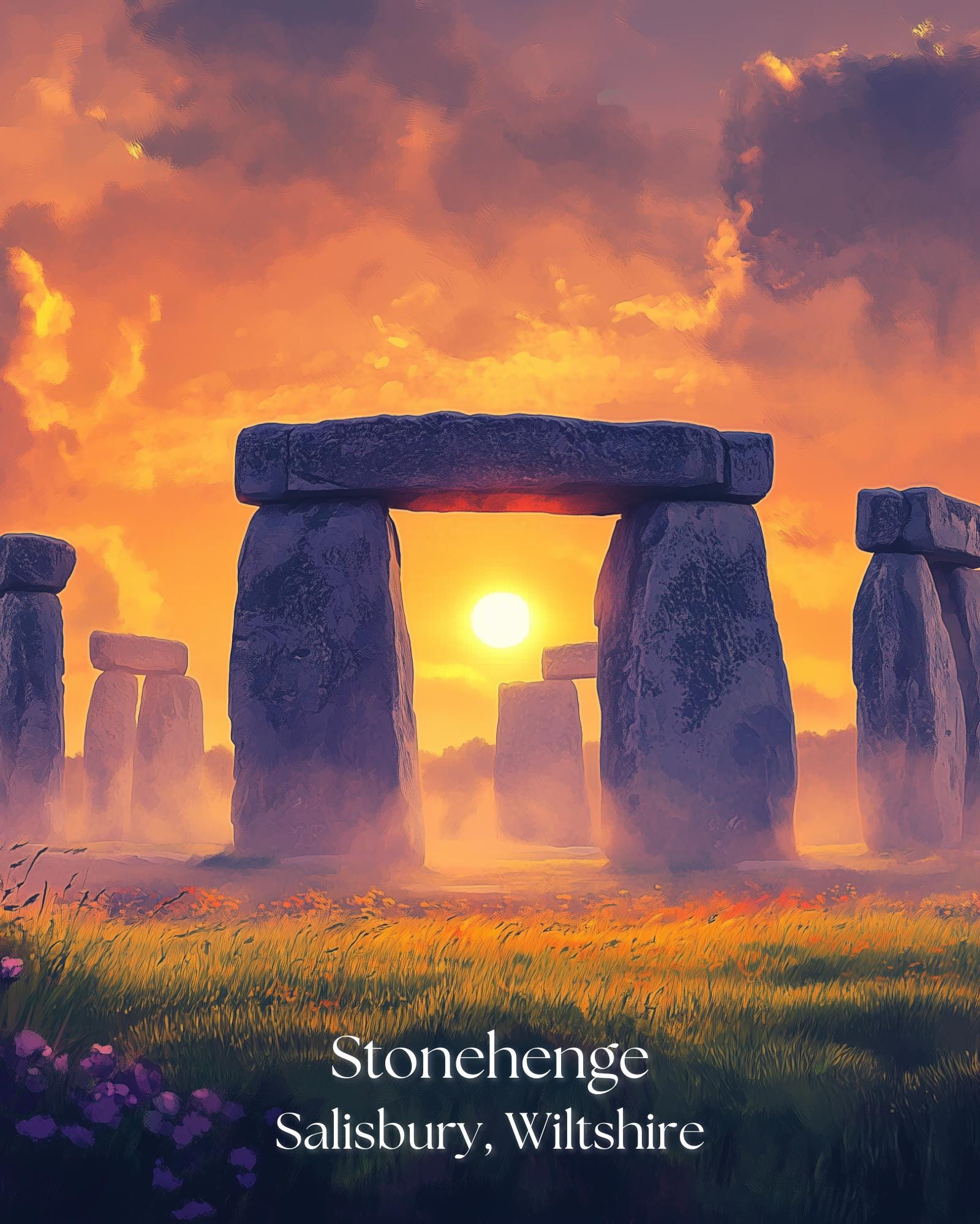 Stonehenge Travel Poster – Mystical Sunrise Wall Art | Salisbury, Wiltshire | Artistic Landscape Print