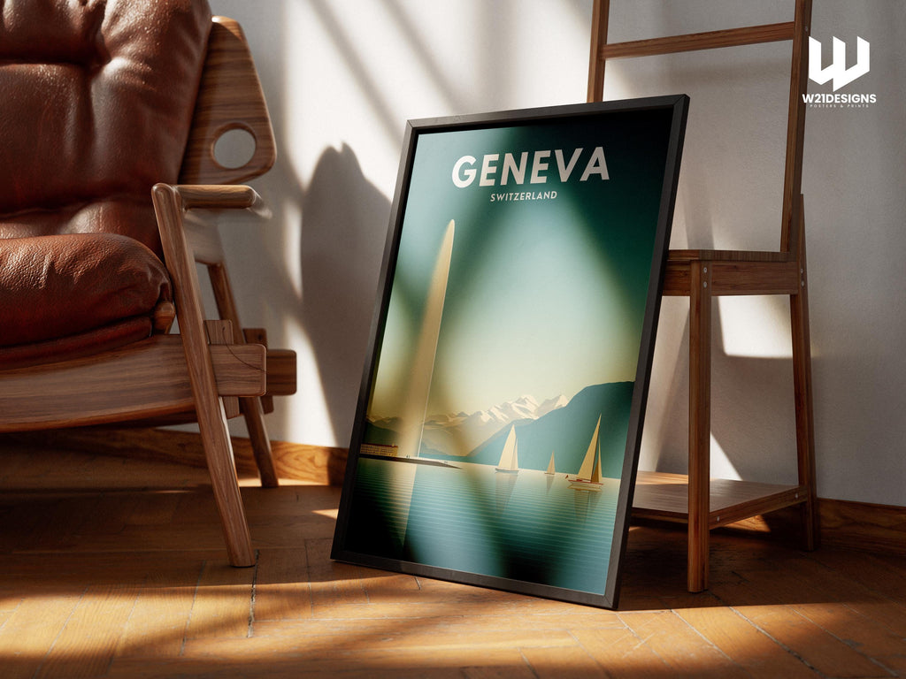 Geneva Switzerland Travel Poster | Lake Geneva Wall Art | Minimal Mountain & Sailboat Print
