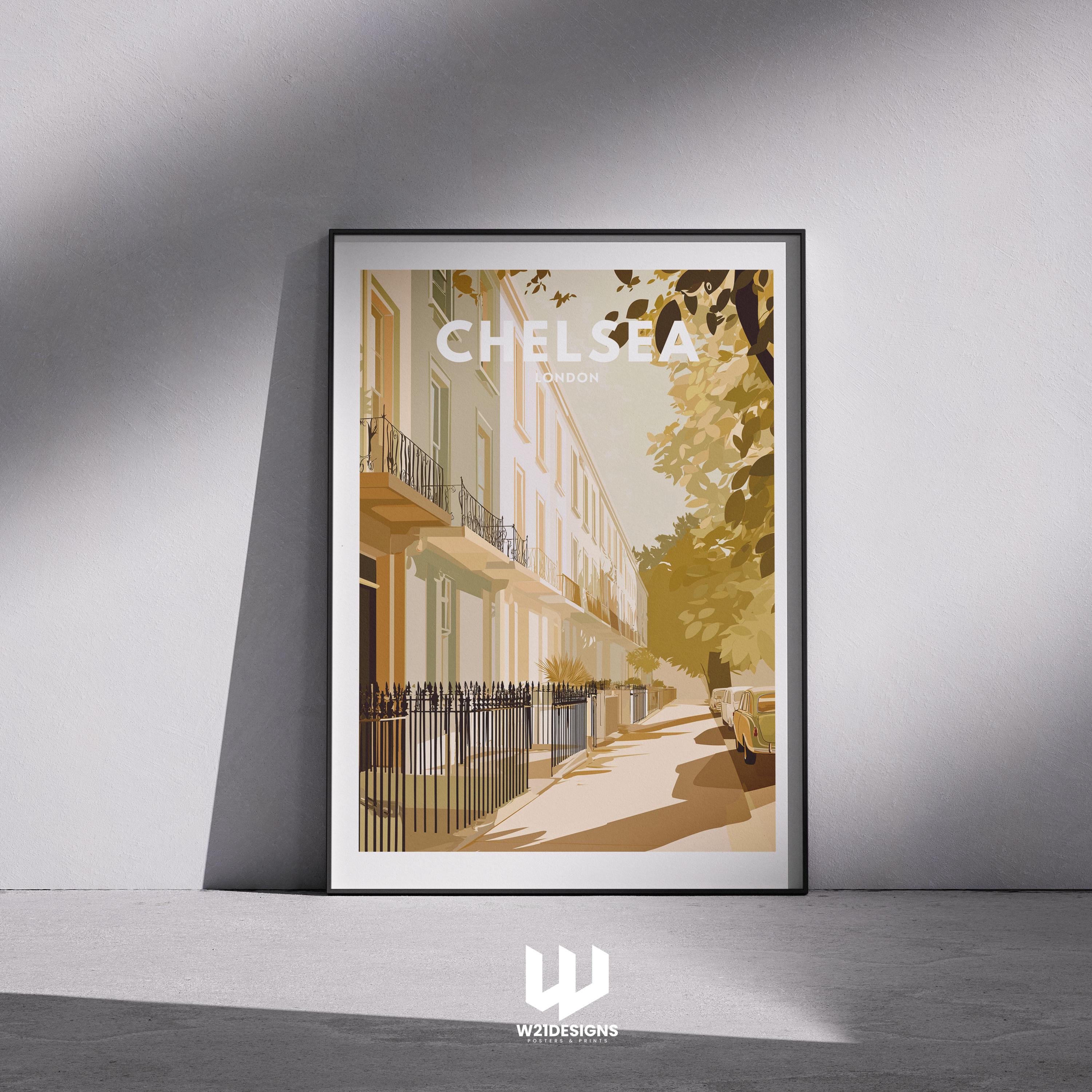 Chelsea London Travel Poster Print | Vintage Townhouse Wall Art | Minimal London Street Illustration