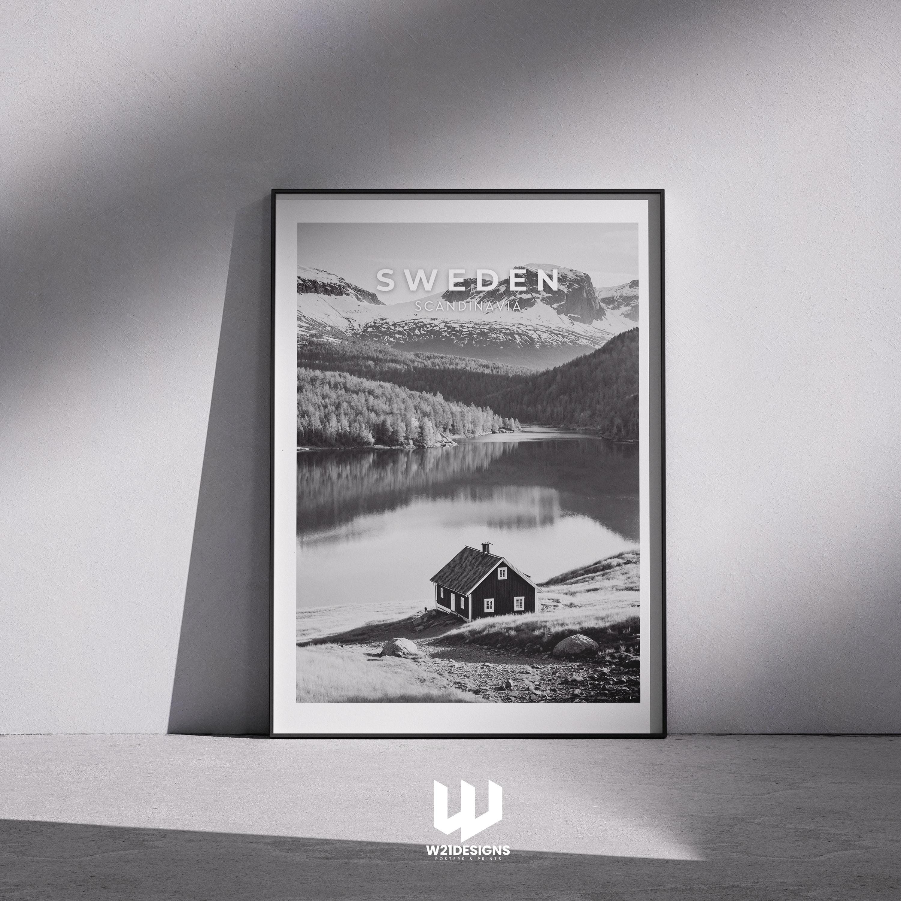 Sweden Mountain Print: Scandinavian Cabin, Nordic Landscape Art