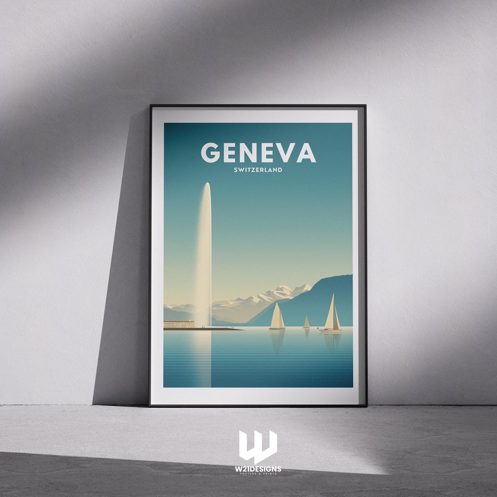 Geneva Switzerland Travel Poster | Lake Geneva Wall Art | Minimal Mountain & Sailboat Print