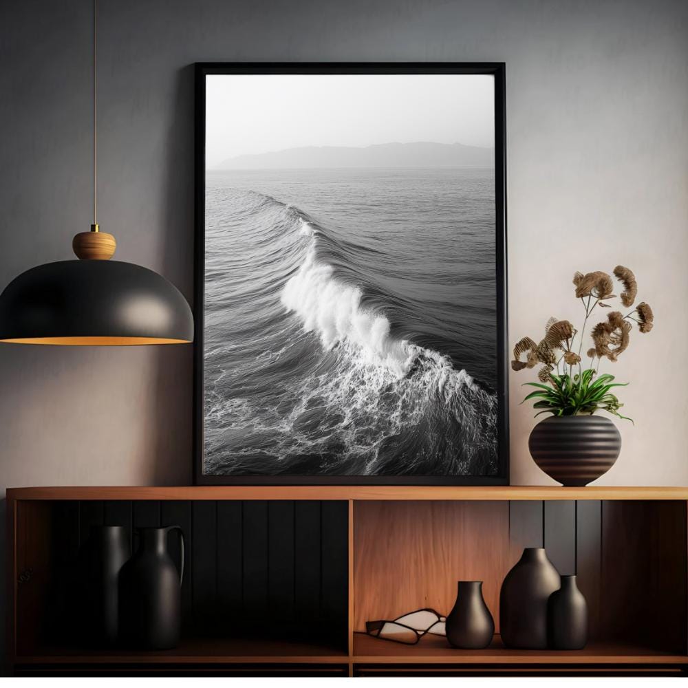 Black and White Ocean Wave Print: Minimalist Coastal Photography