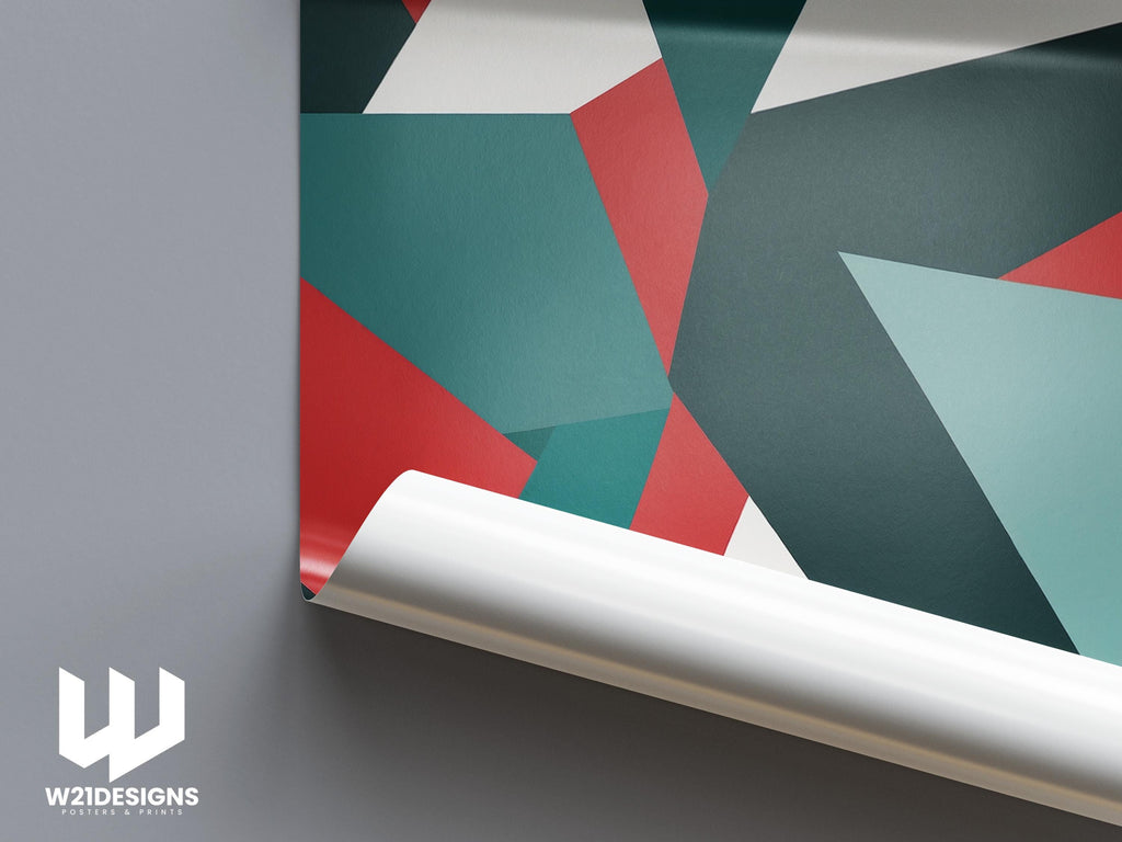 Geometric Triangle Art Print: Modern Red, Teal, Green Poster