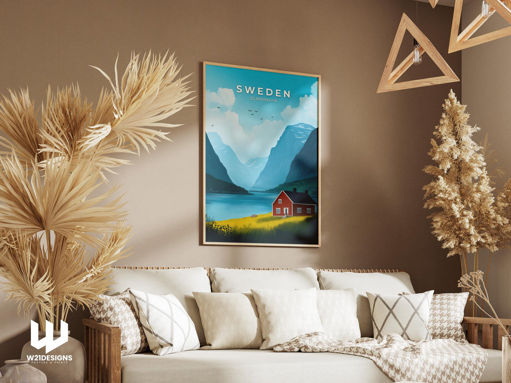 Sweden Travel Poster: Red Cabin, Nordic Mountain Landscape