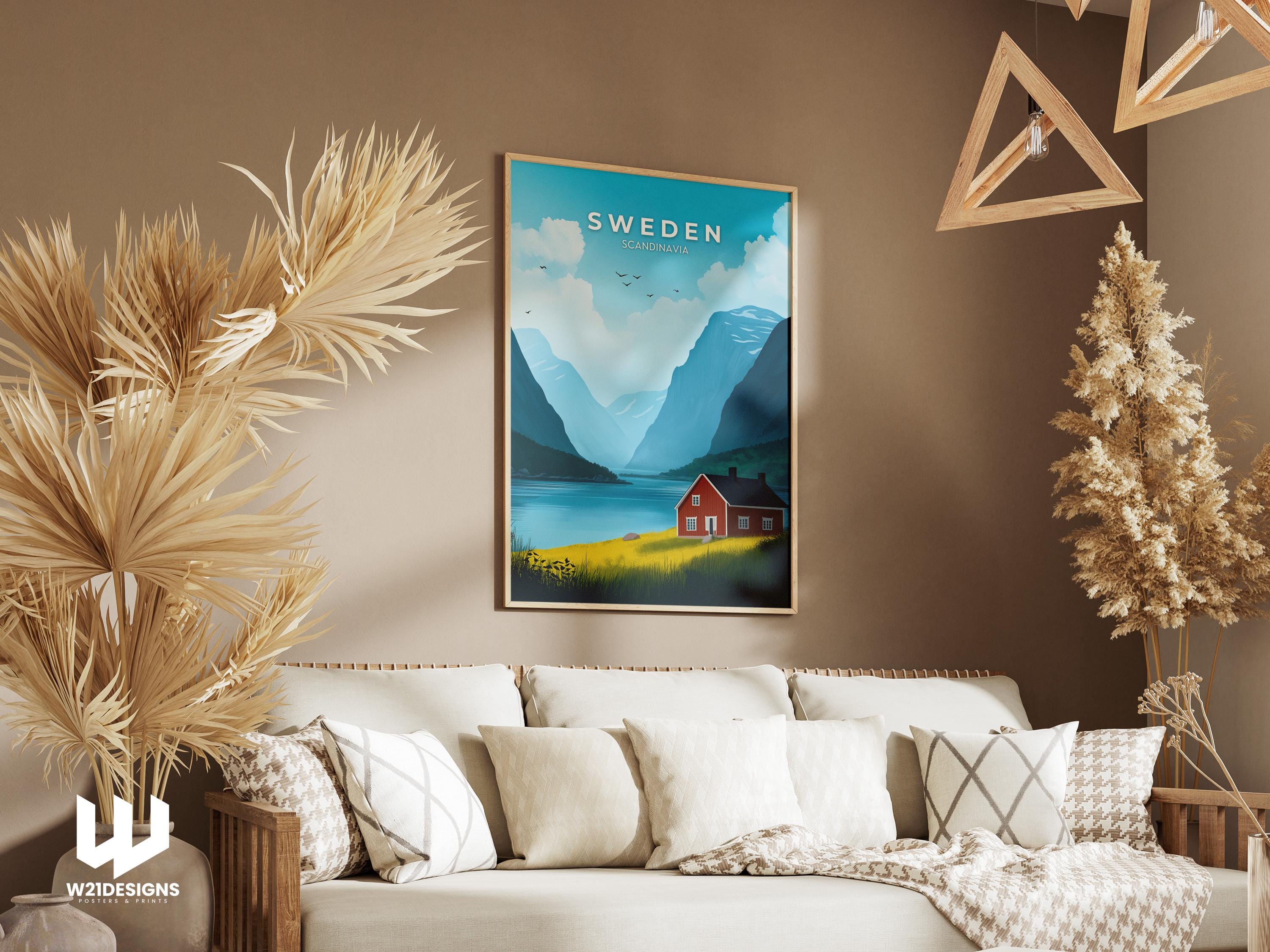 Sweden Travel Poster: Red Cabin, Nordic Mountain Landscape