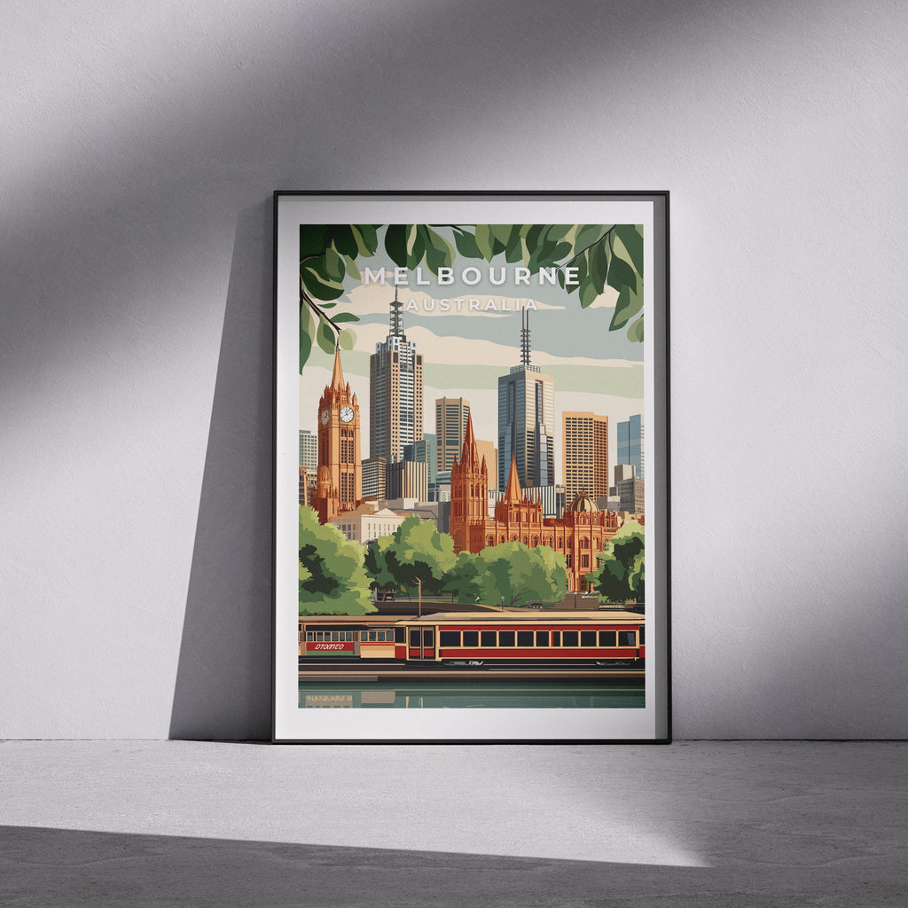 Melbourne Australia Travel Poster: City Skyline & Tram Art