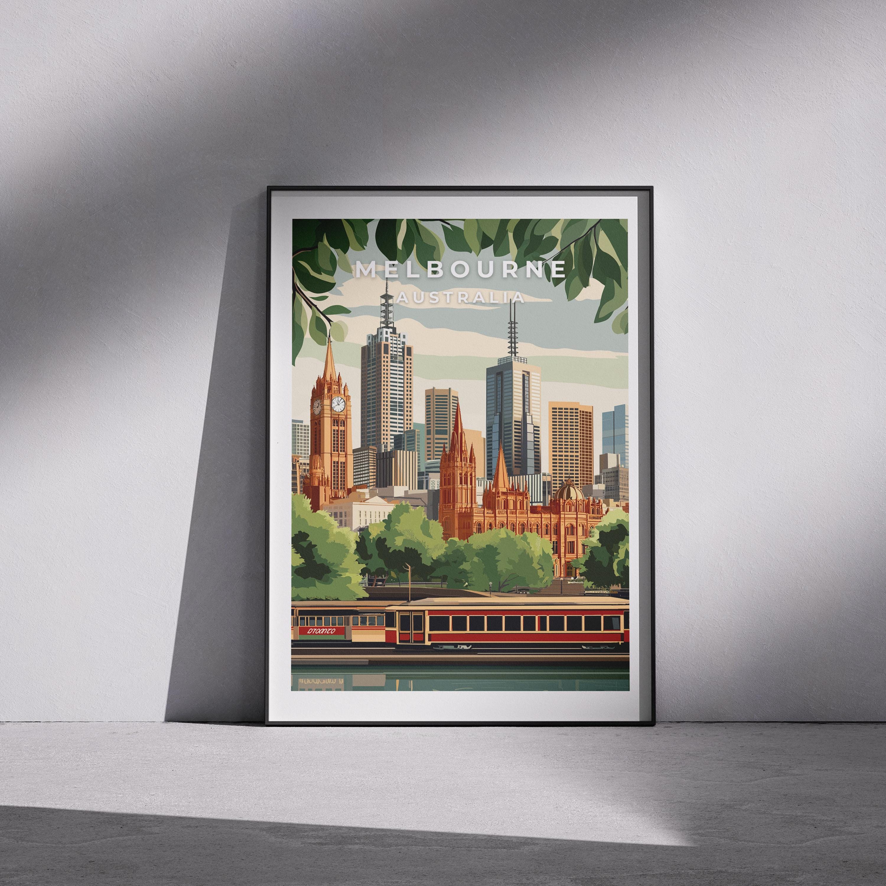 Melbourne Australia Travel Poster: City Skyline & Tram Art