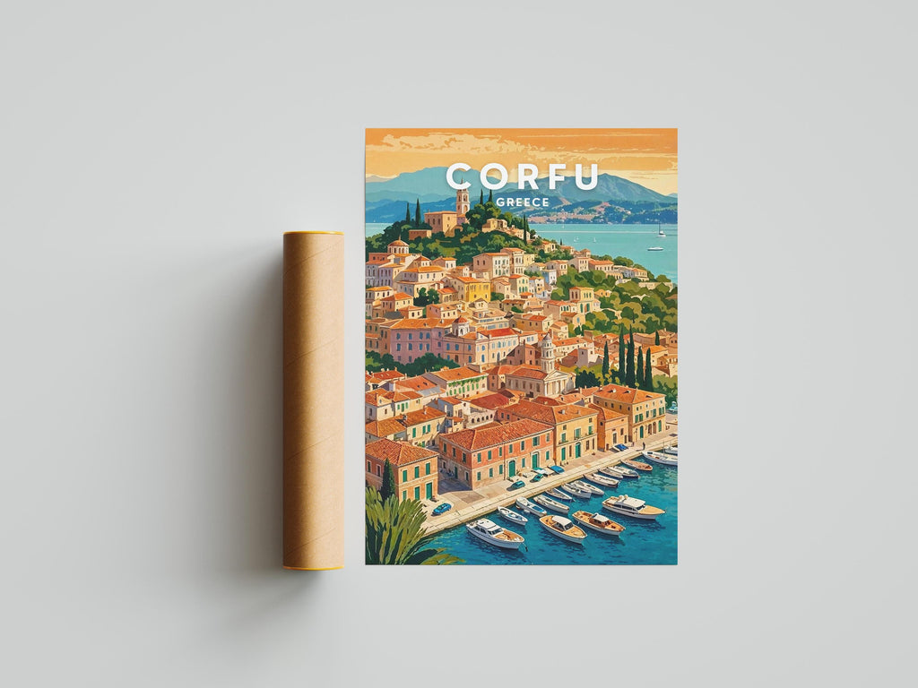 Corfu Greece Travel Poster: Mediterranean Coastal Art Print