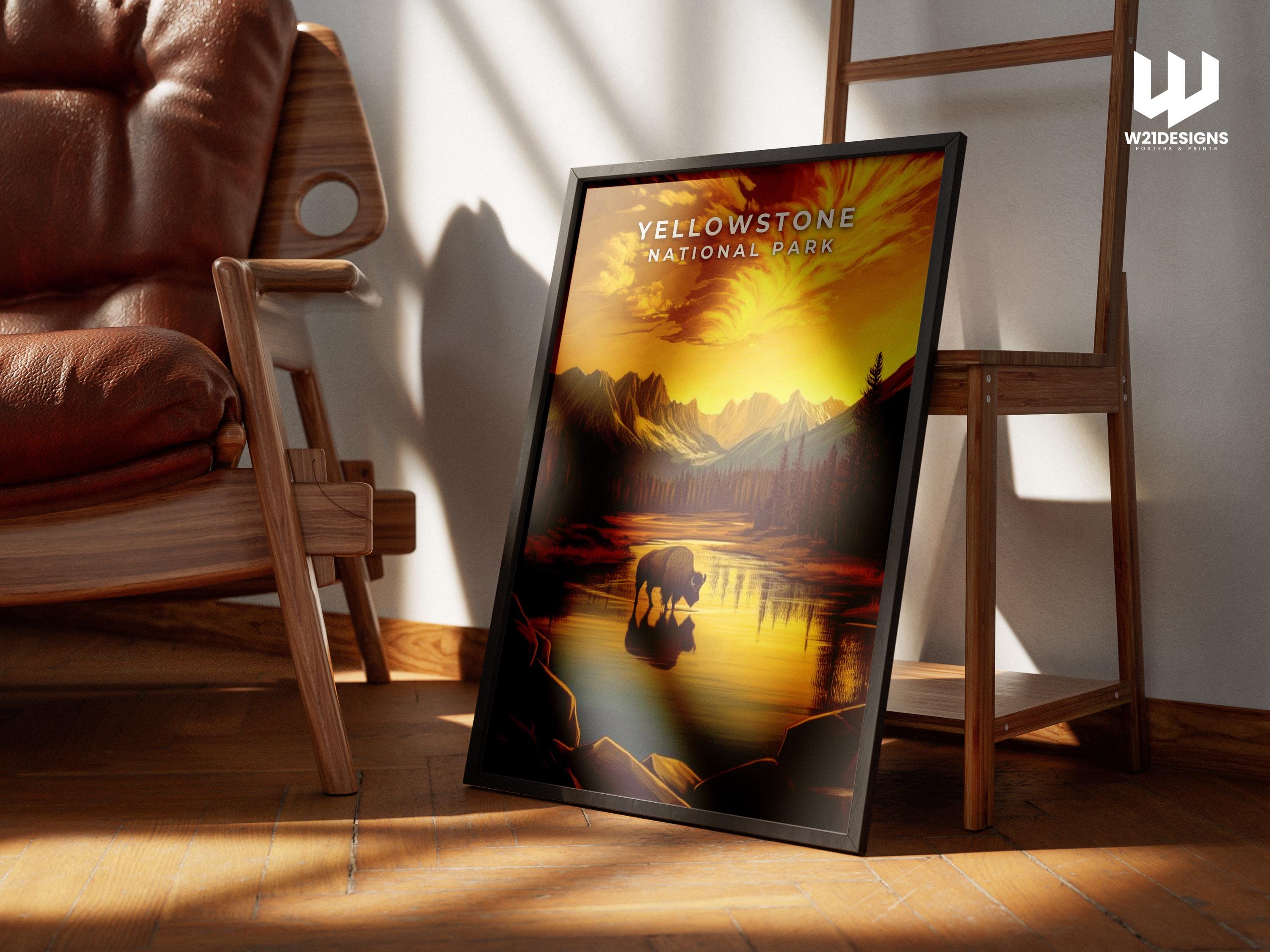 Yellowstone National Park Poster: Vintage Bison Landscape Art Print