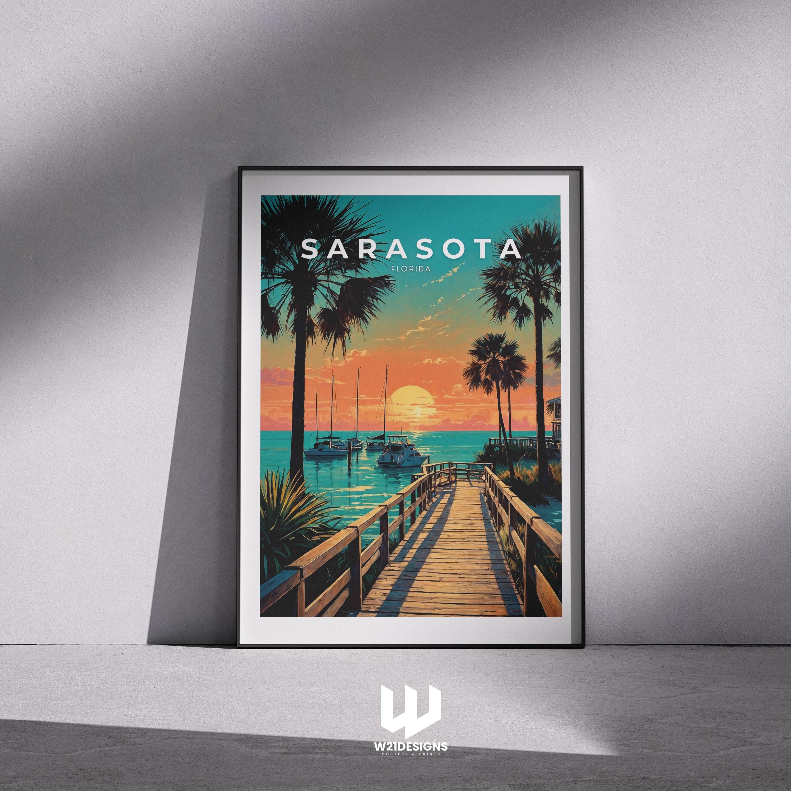 Sarasota Sunset Travel Poster: Florida Beach House Decor