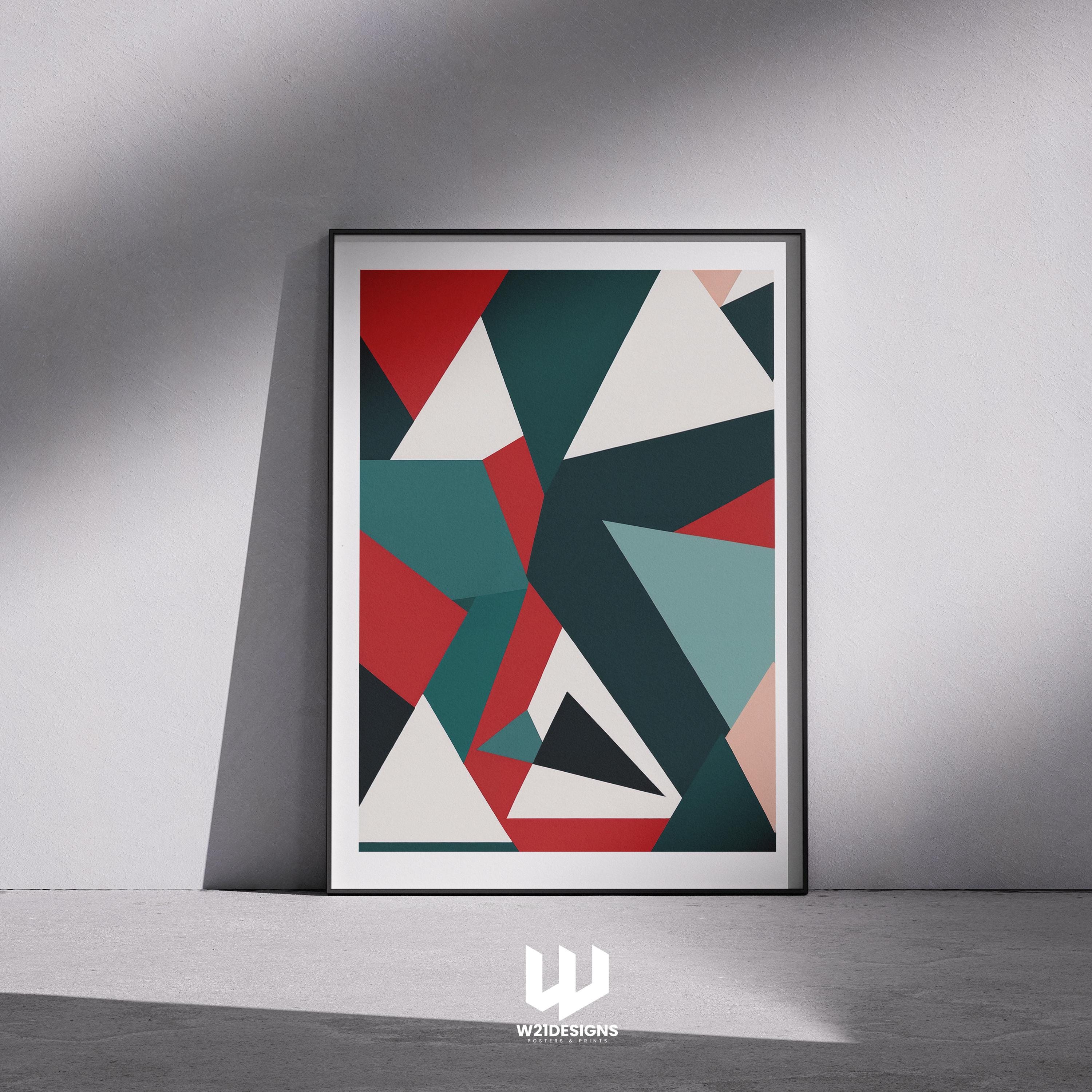 Geometric Triangle Art Print: Modern Red, Teal, Green Poster