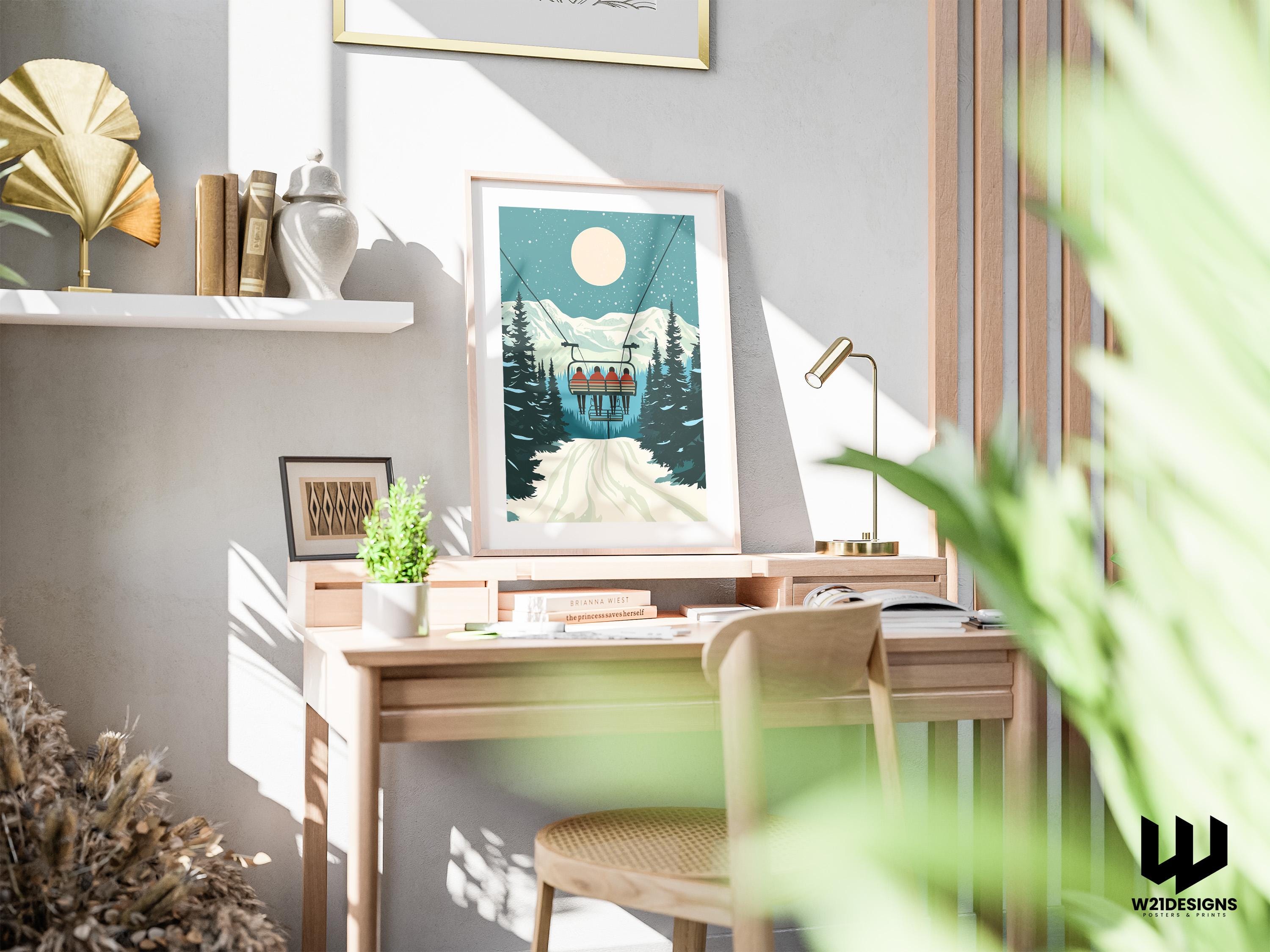 Vintage Ski Chairlift Poster: Snowy Mountain Cabin Wall Art