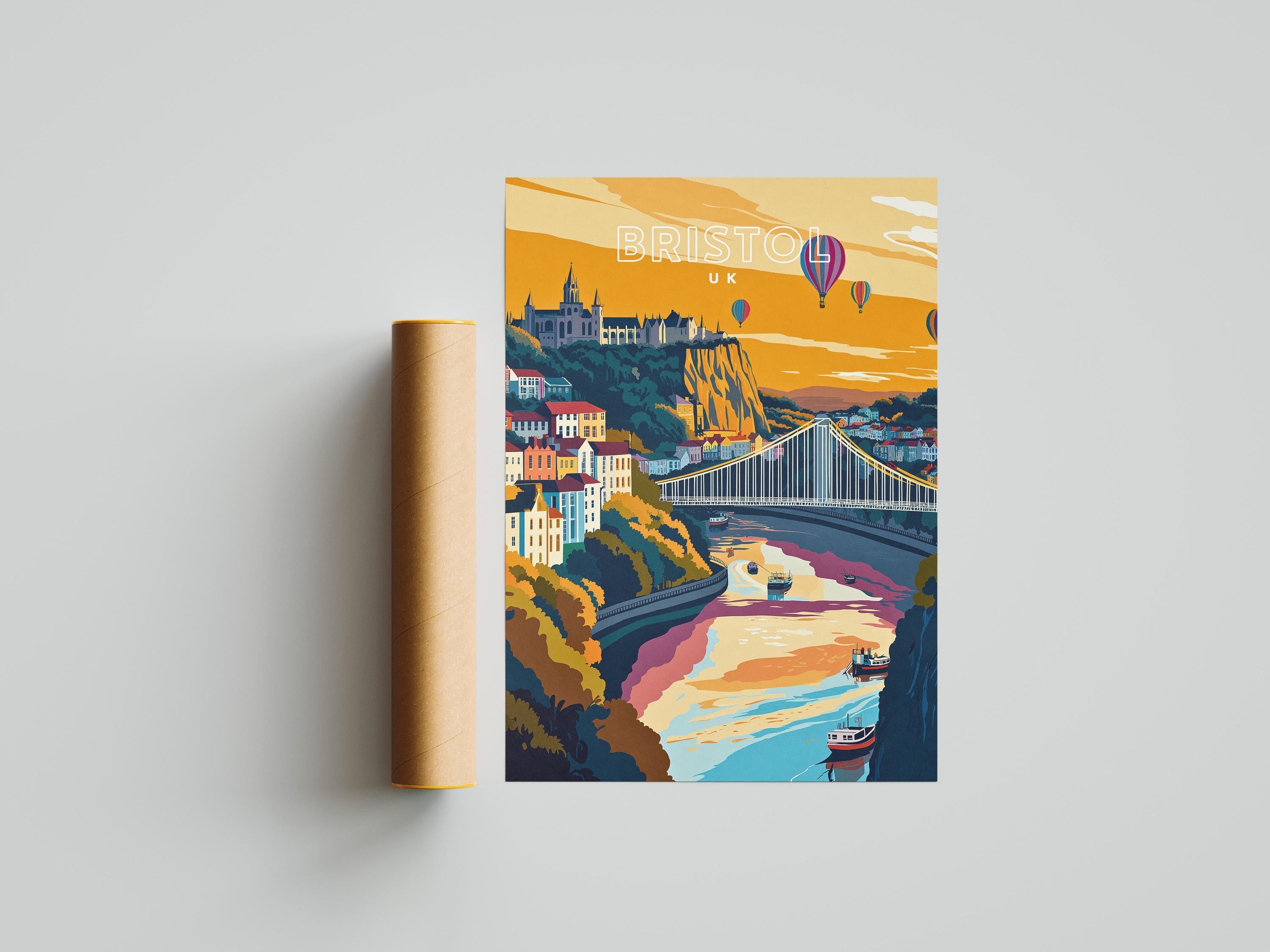 Bristol Travel Poster: Clifton Suspension Bridge & Hot Air Balloons