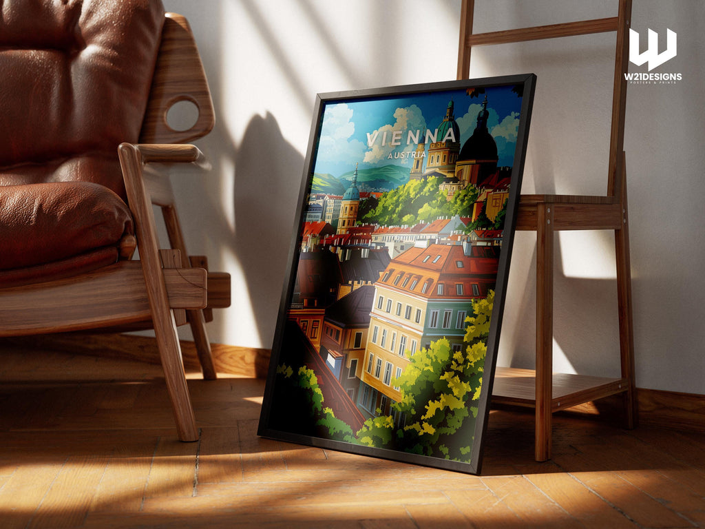 Vienna Travel Illustration: Austria City Poster, European Wall Art, Home Decor Gift, Framed Print