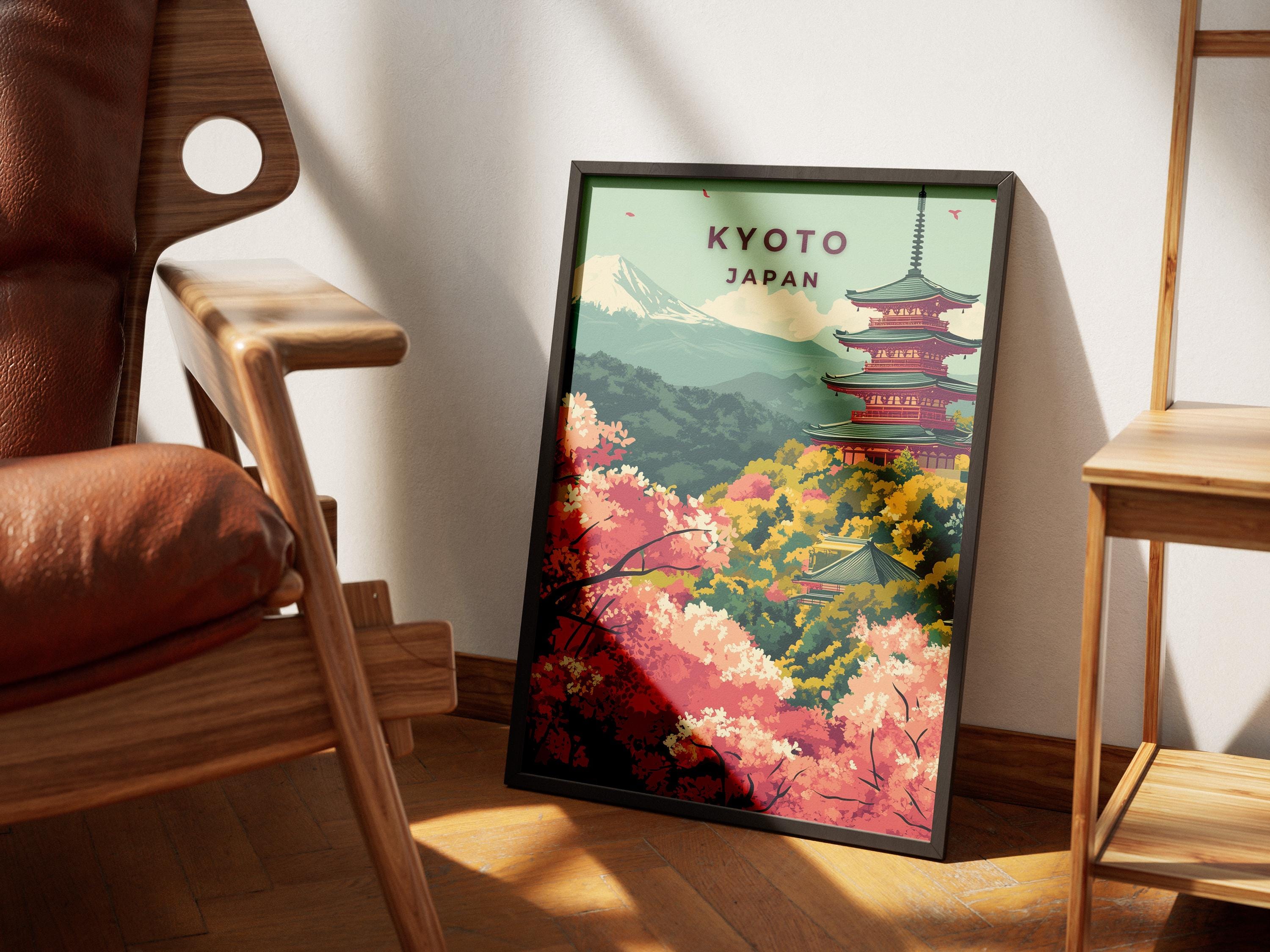 Kyoto Cherry Blossom Travel Poster: Vintage Japanese Pagoda Art
