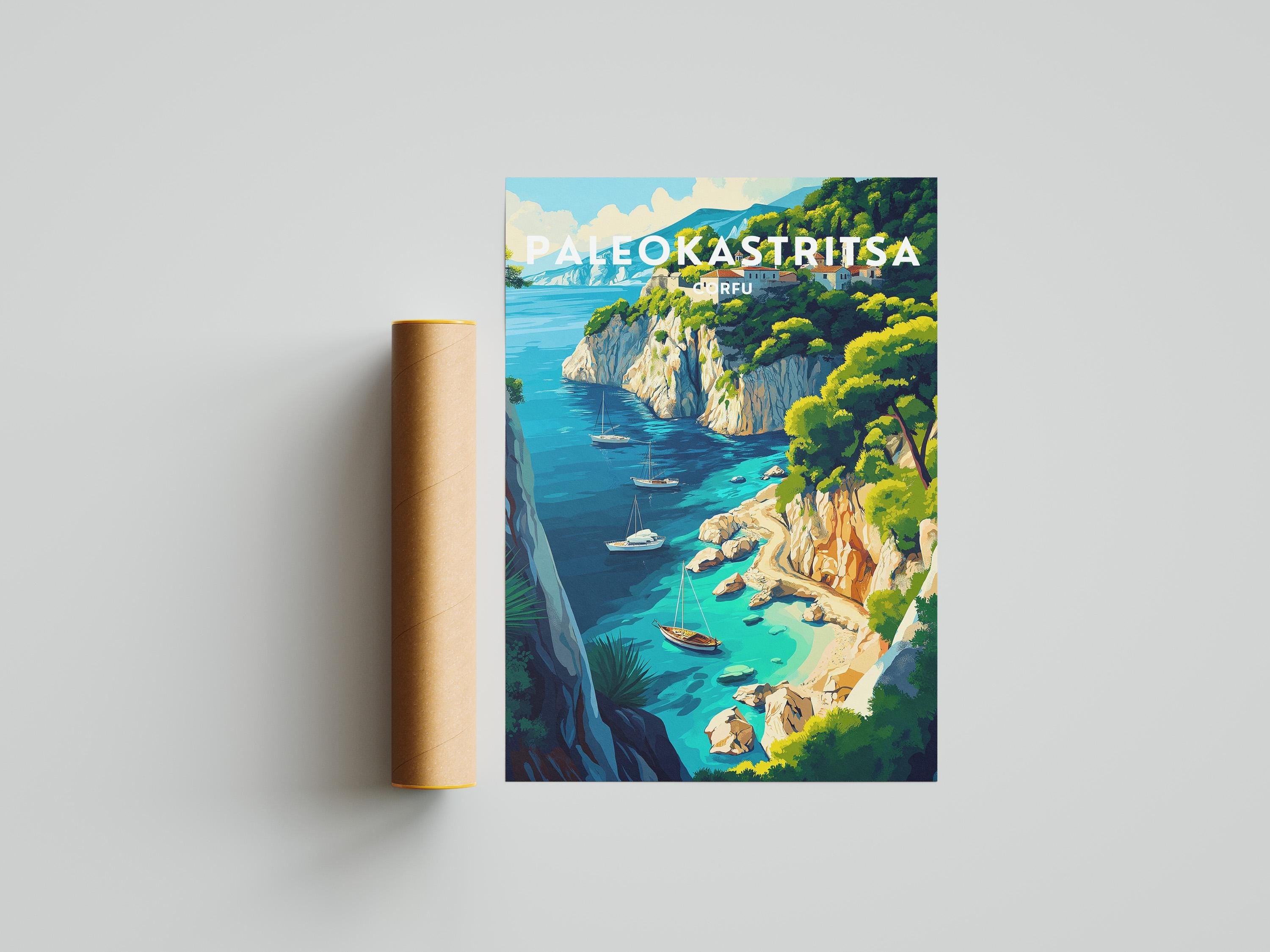 Paleokastritsa Travel Poster: Corfu Greece Coastal Cliff Art