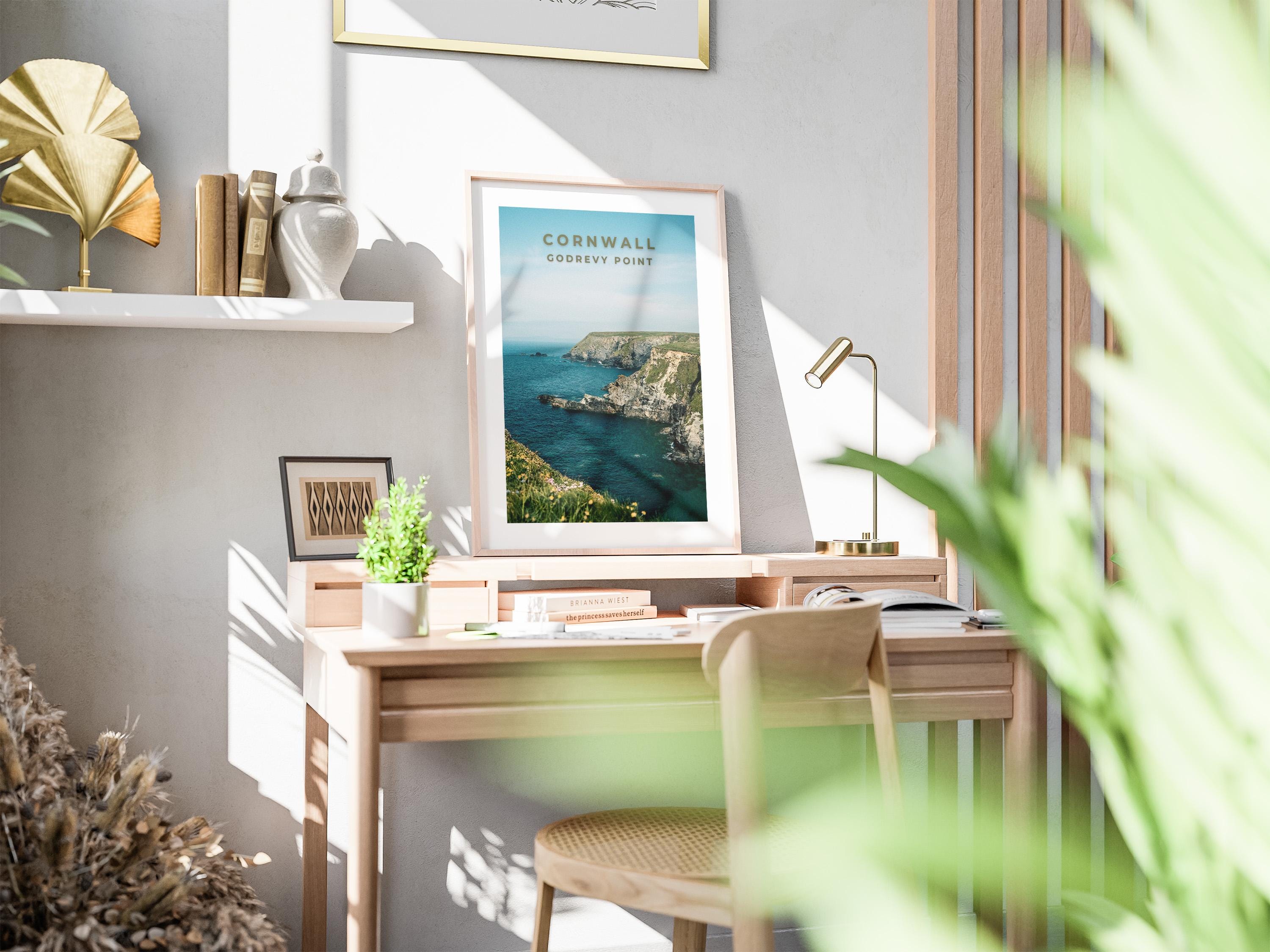 Godrevy Point Cornwall Coastline Print: UK Travel Poster