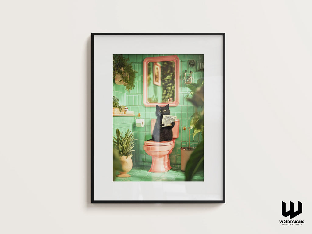 Funny Black Cat Bathroom Print: Quirky Toilet Humor Wall Art