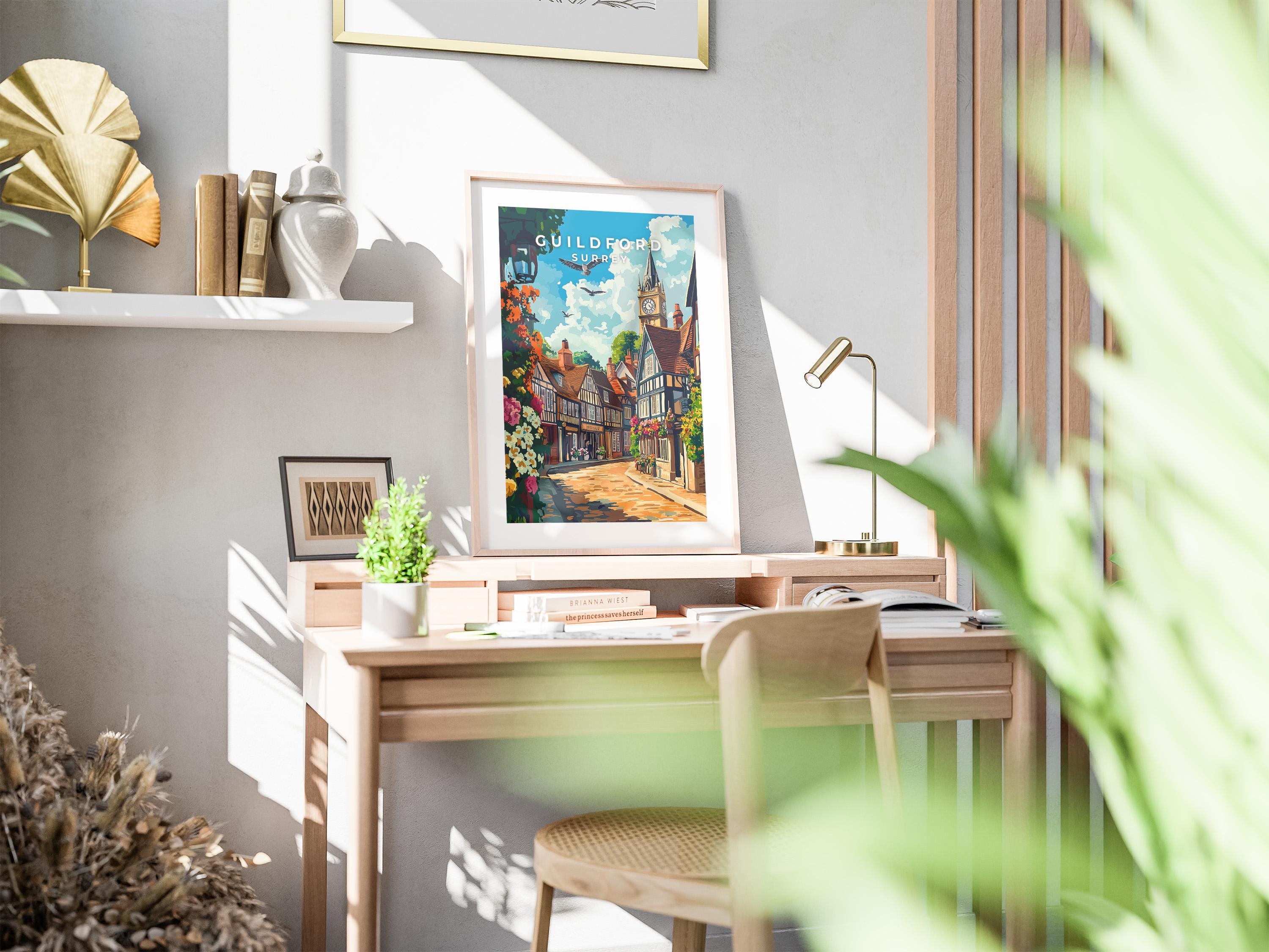Guildford Travel Poster: Vintage Surrey Print, UK Wall Art