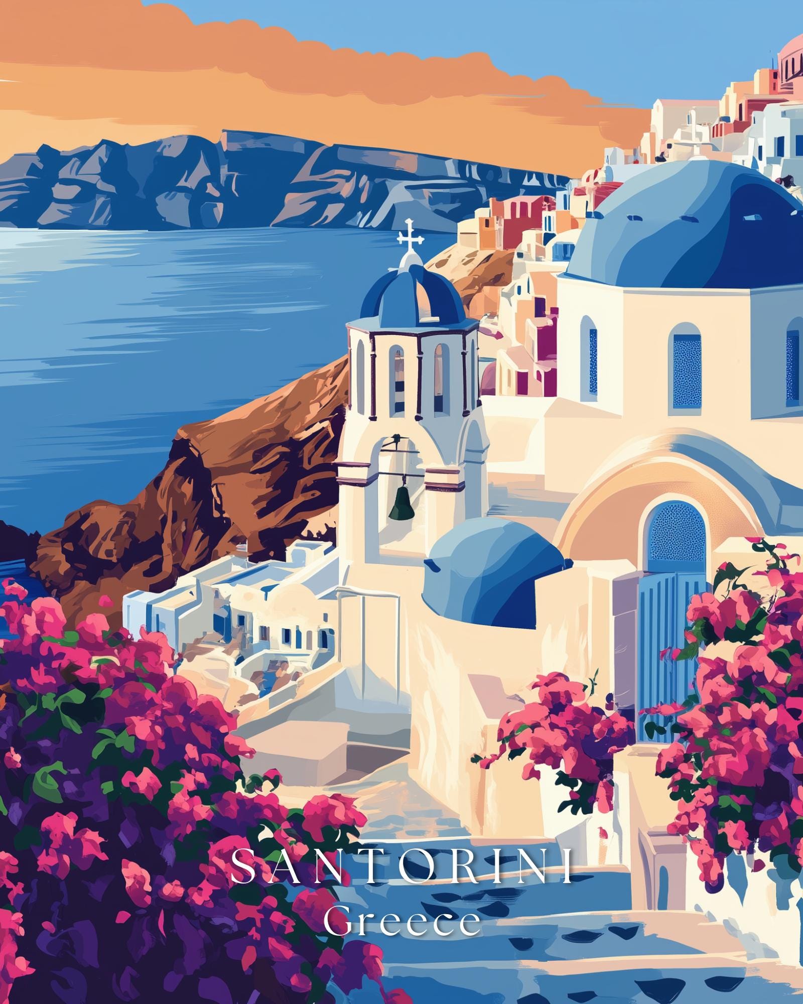 Santorini Travel Poster – Mediterranean Wall Art | Classic Travel Illustration