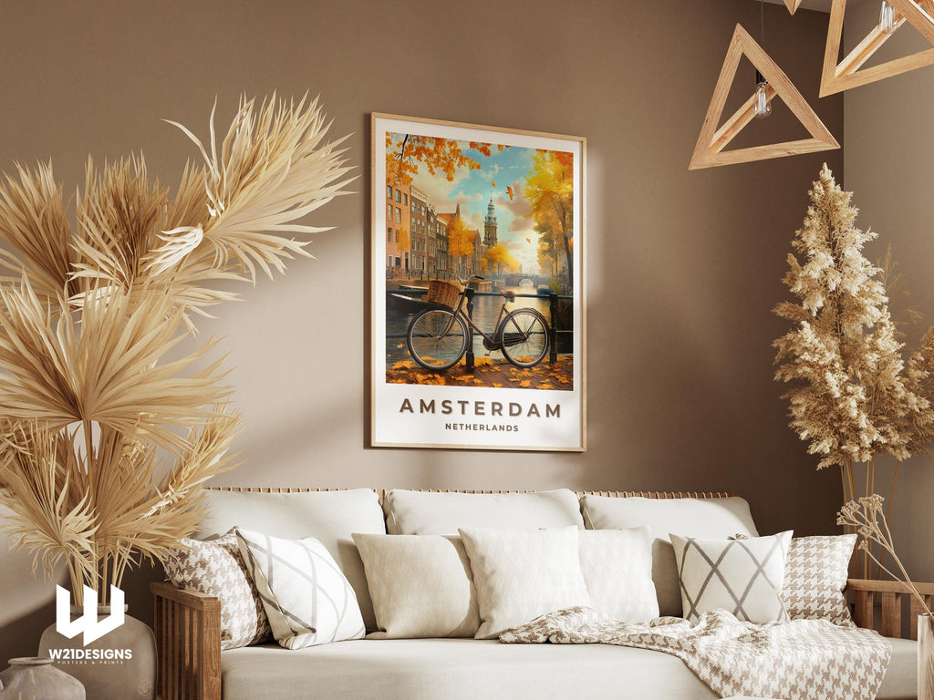 Amsterdam Canal Print: Dutch Architecture, Bicycle Art (Custom Text)