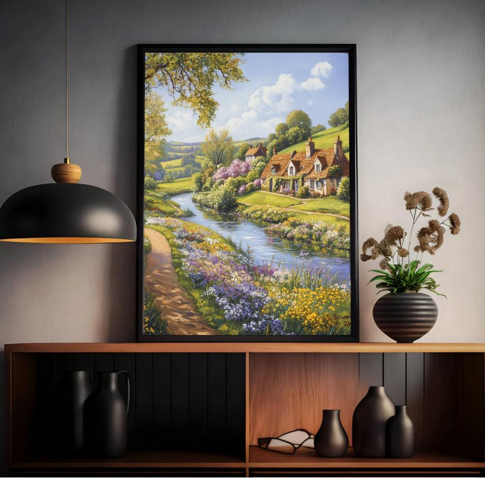 English Countryside Print: Vintage Cottage Landscape Travel Poster