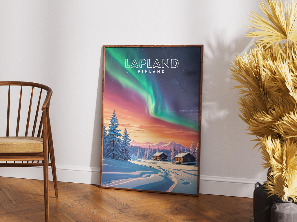 Lapland Northern Lights Poster: Finland Winter Cabin Art Print