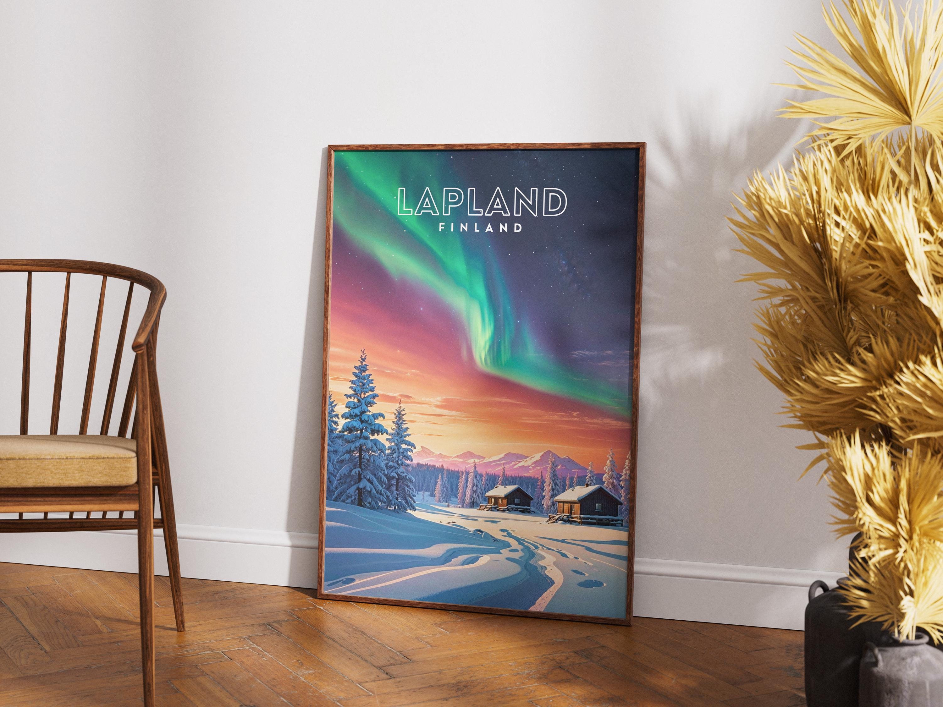 Lapland Northern Lights Poster: Finland Winter Cabin Art Print