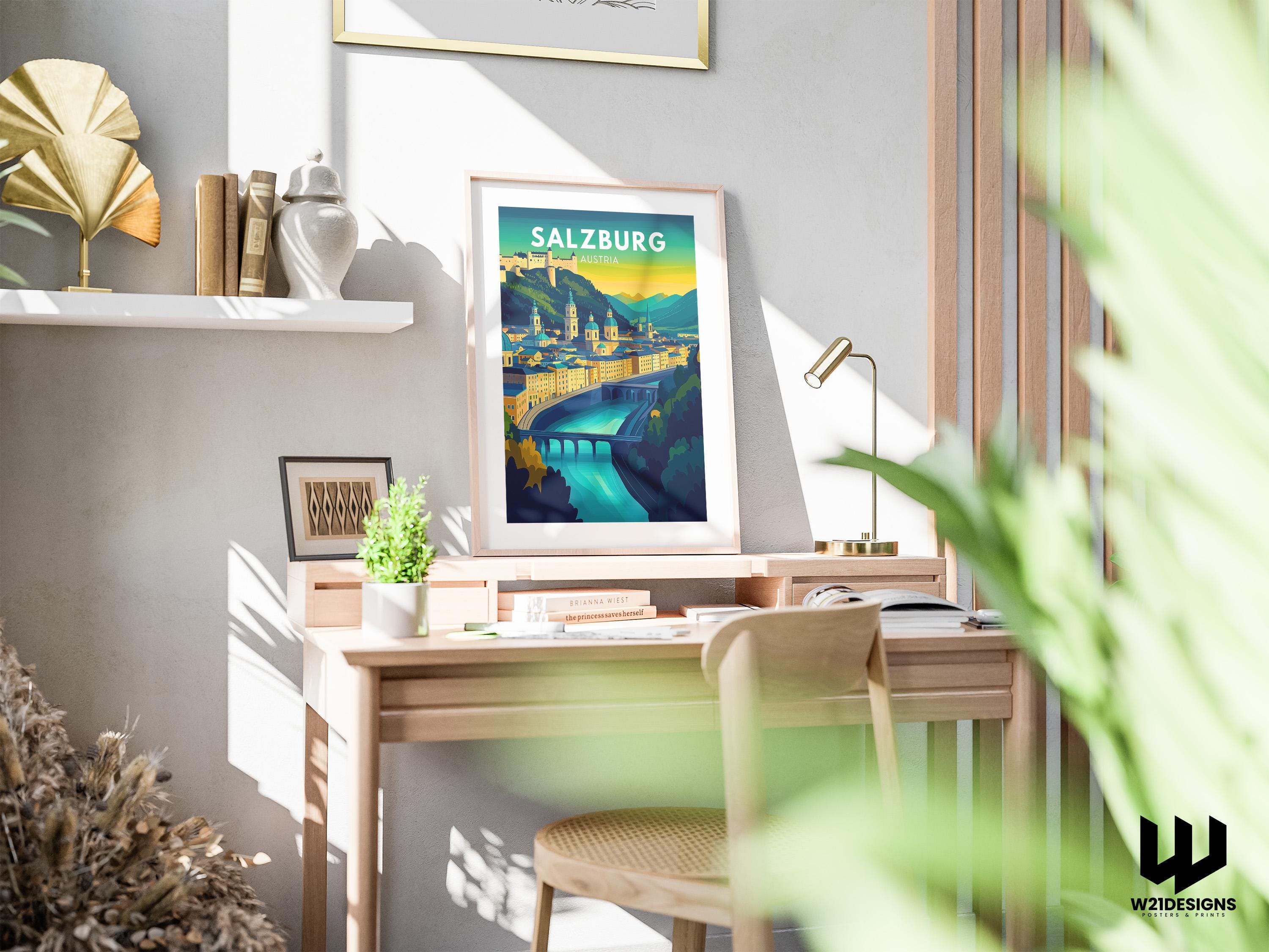 Salzburg Austria Travel Poster: Vintage Hohensalzburg Fortress Art